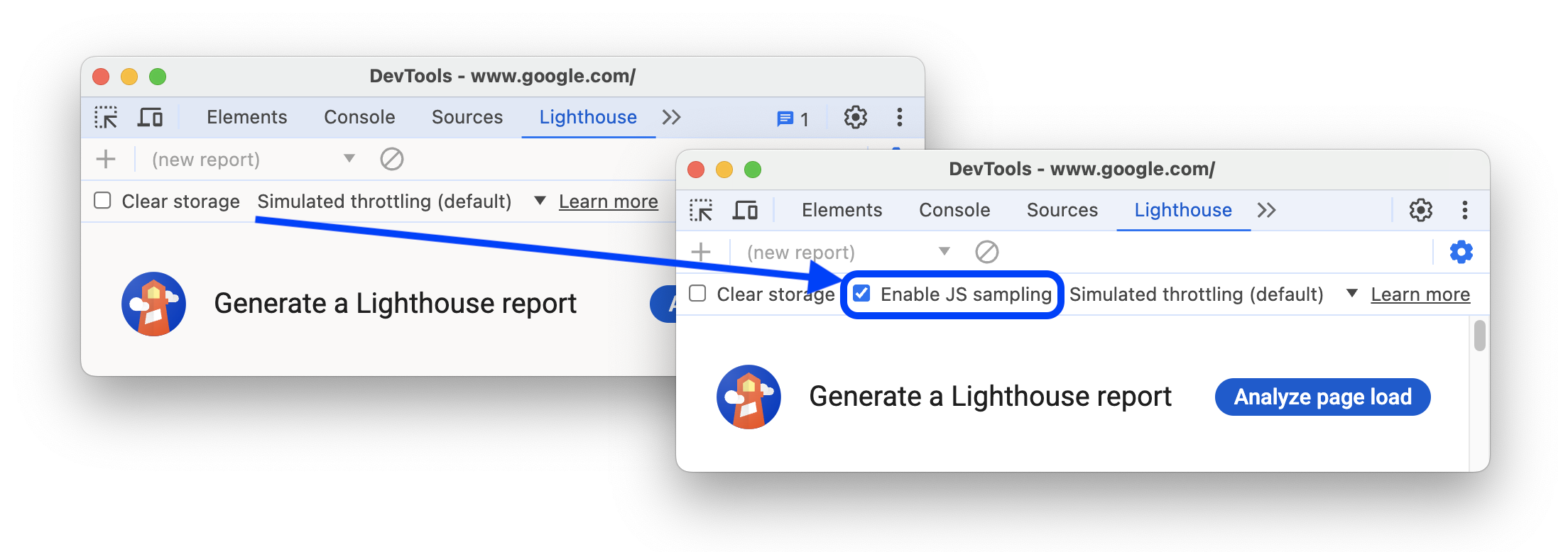 Antes e depois de adicionar uma configuração de ativação da amostragem de JS.