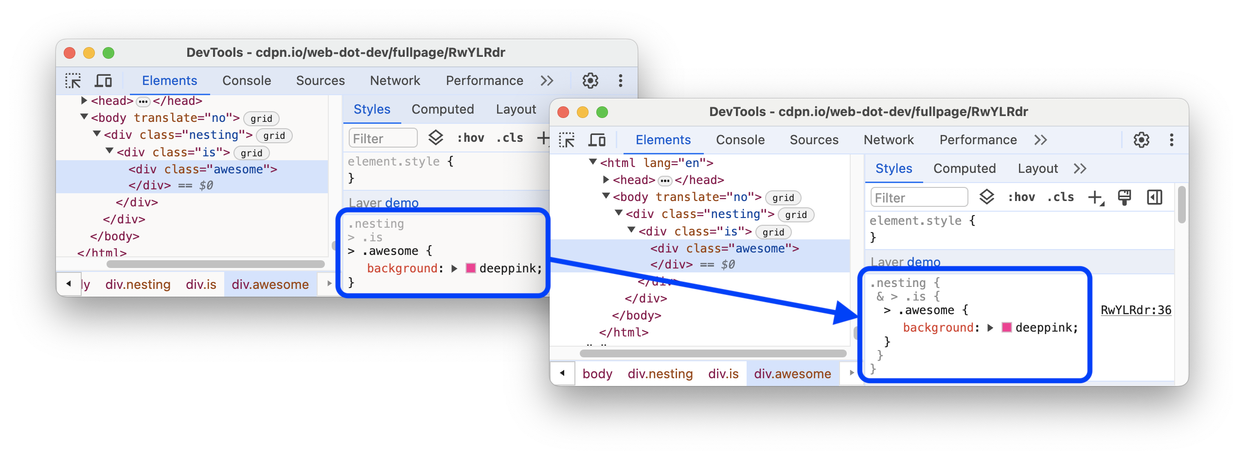 The before and after adding indentation and enclosing nested styles in braces.