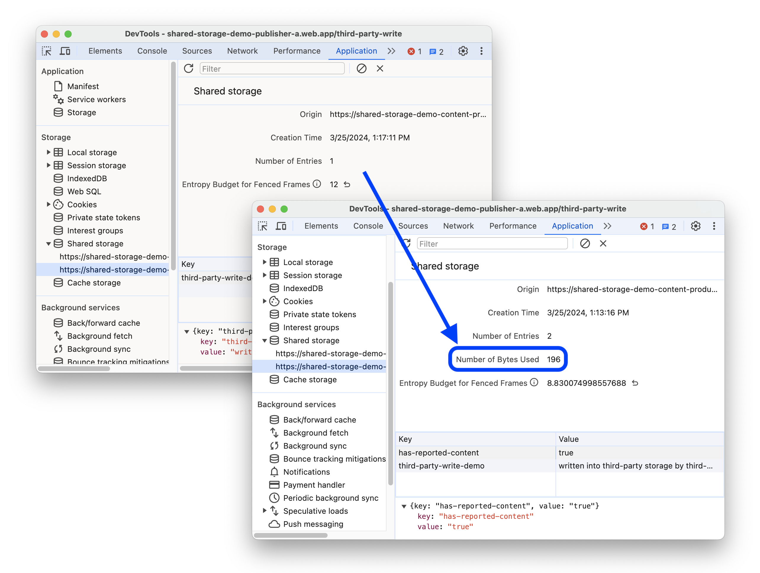 Antes e depois mostrando quantos bytes são usados para armazenamento compartilhado.