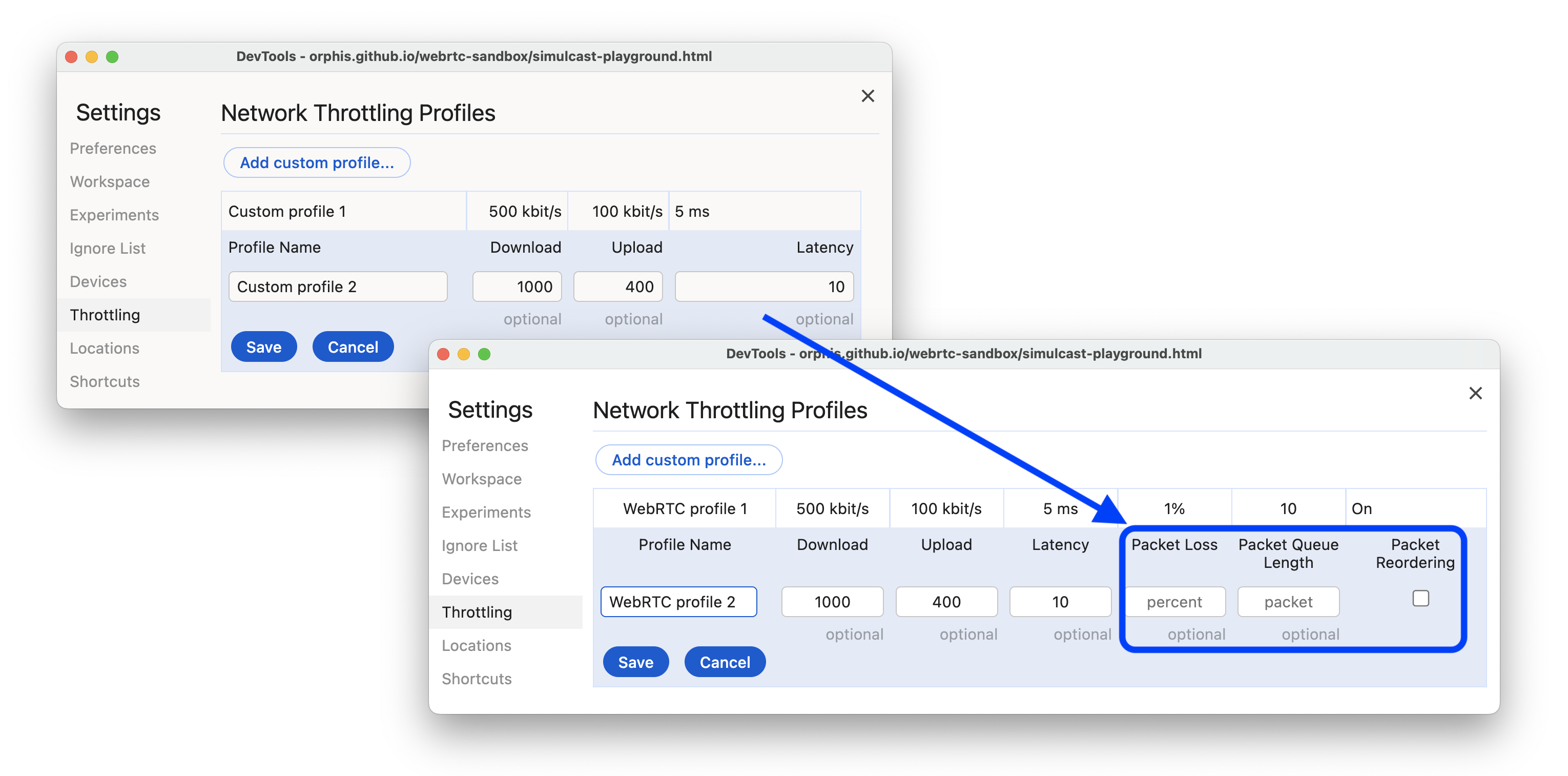 O antes e depois de adicionar novas opções relacionadas a pacotes a perfis de limitação personalizados.