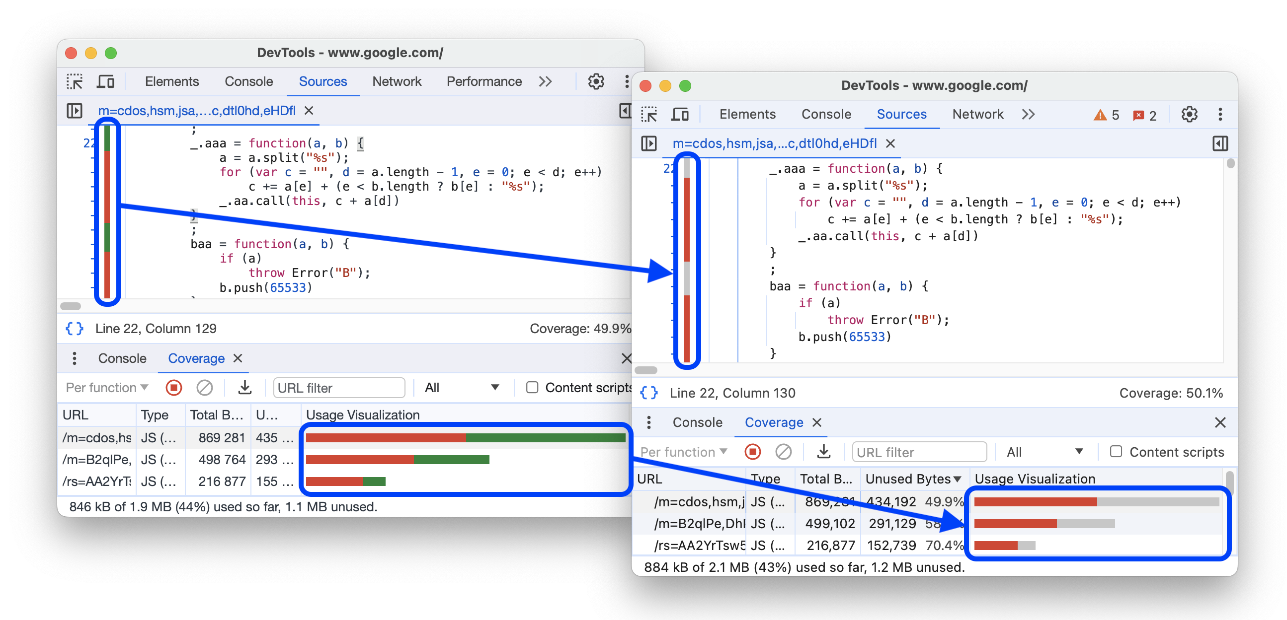 The before and after changing the color of used code to gray.