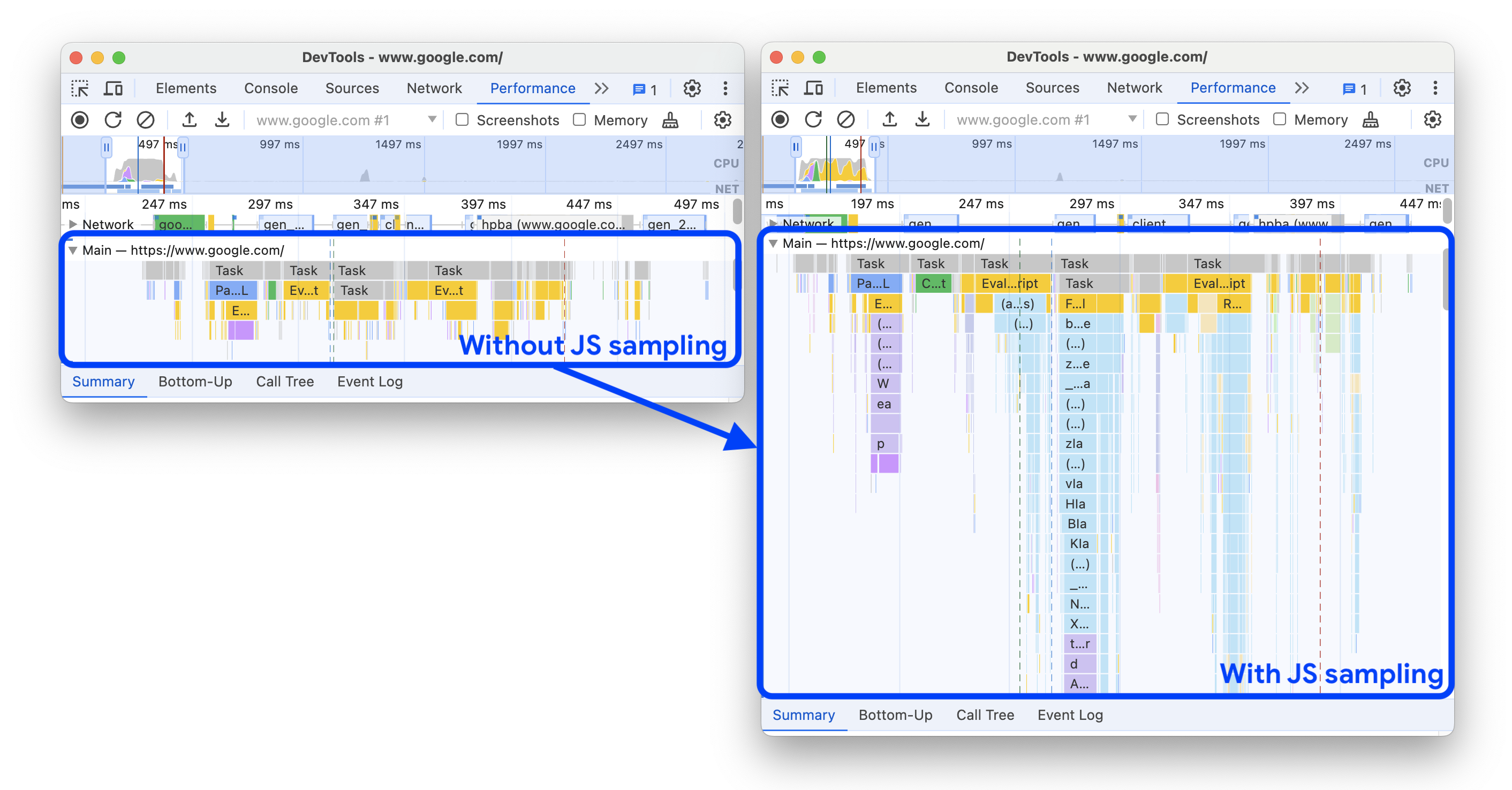 不含 (左側) 和 (右側) JS 取樣的效能追蹤記錄。