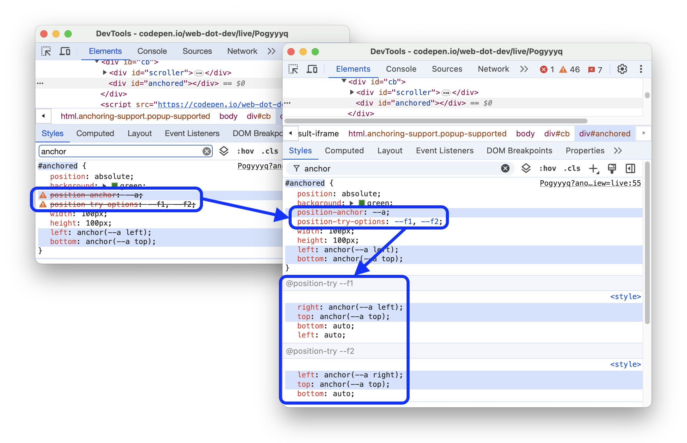 支援 @position-try CSS 規則的前後對照。