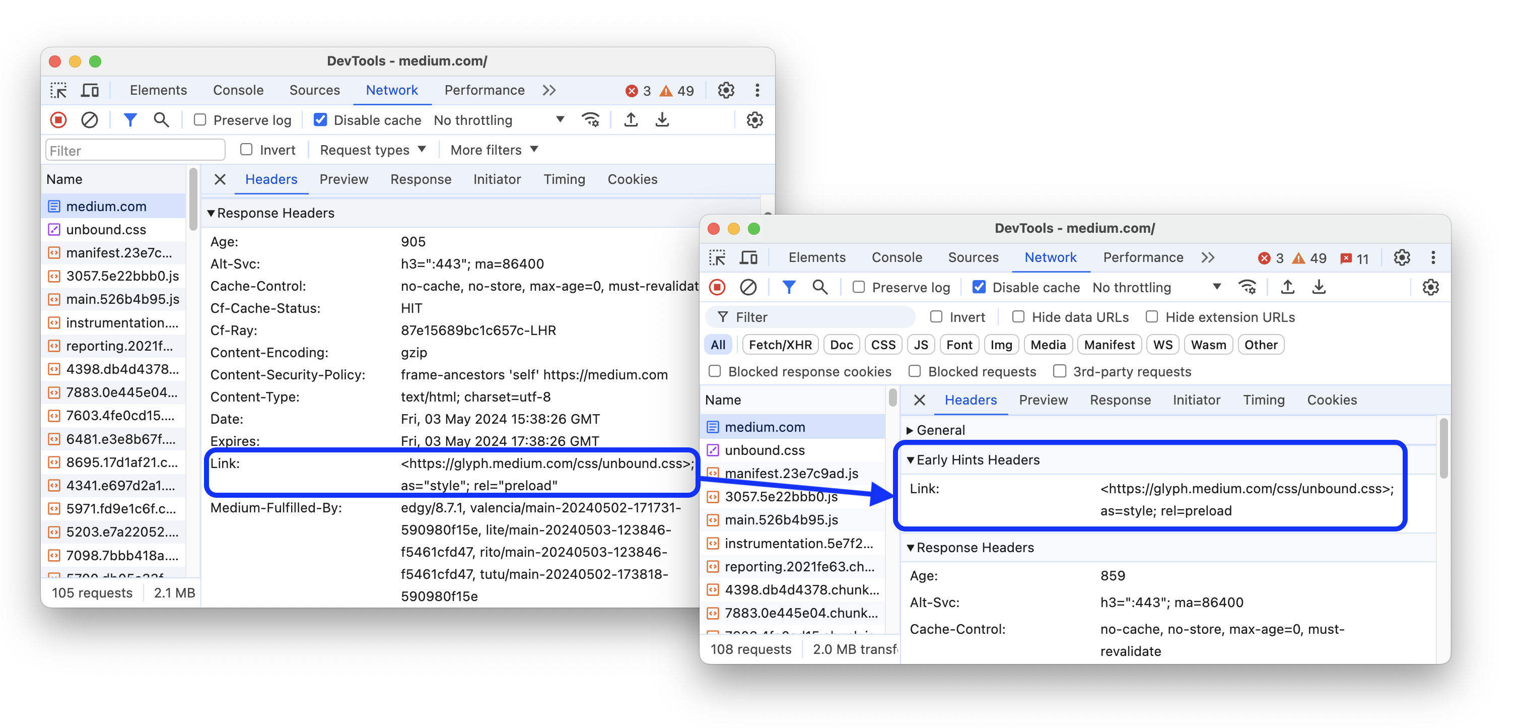 Antes e depois de adicionar uma seção dedicada para os Early Hints.