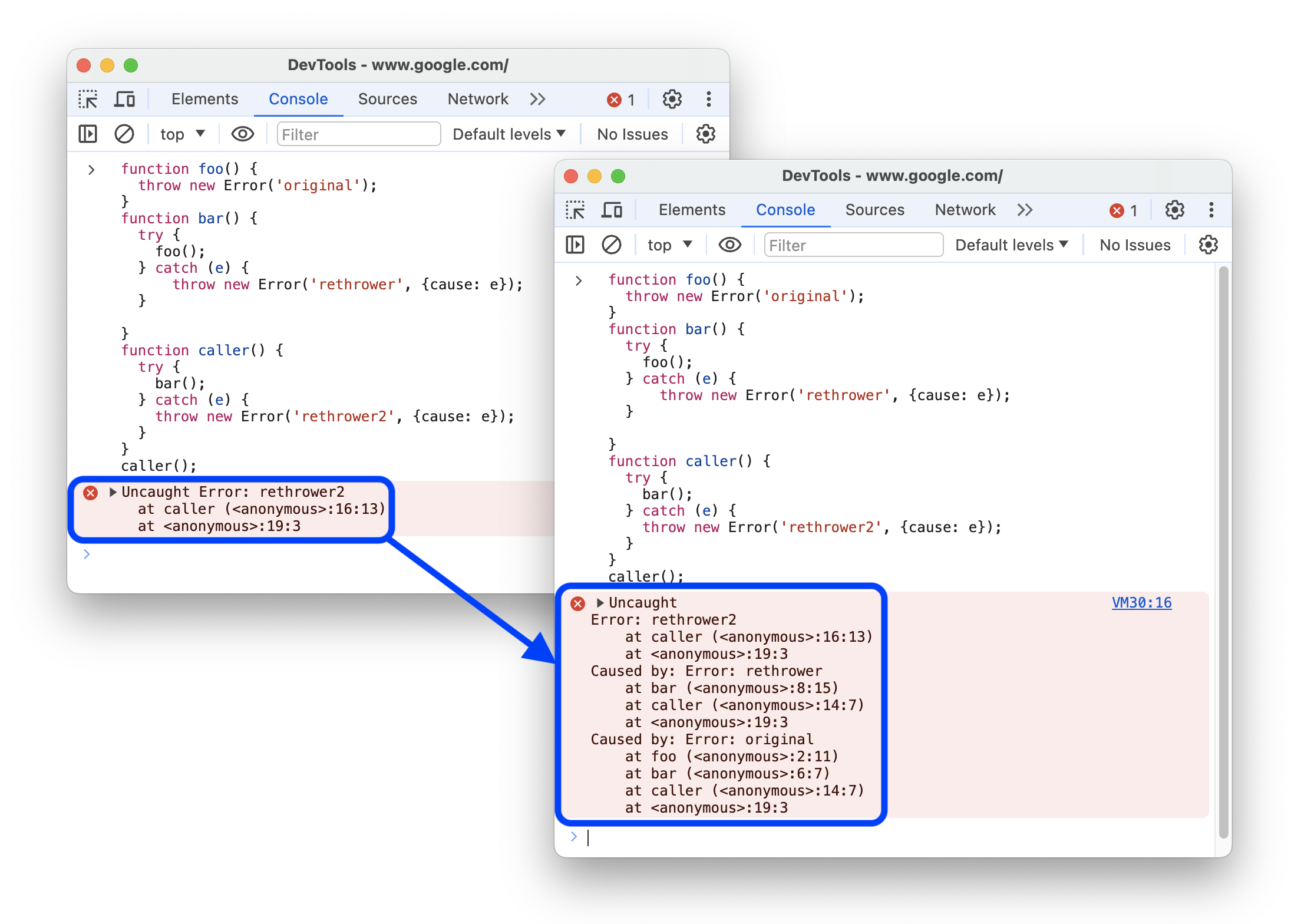 O antes e depois da impressão de stack traces com prefixos &quot;Causado por&quot;.