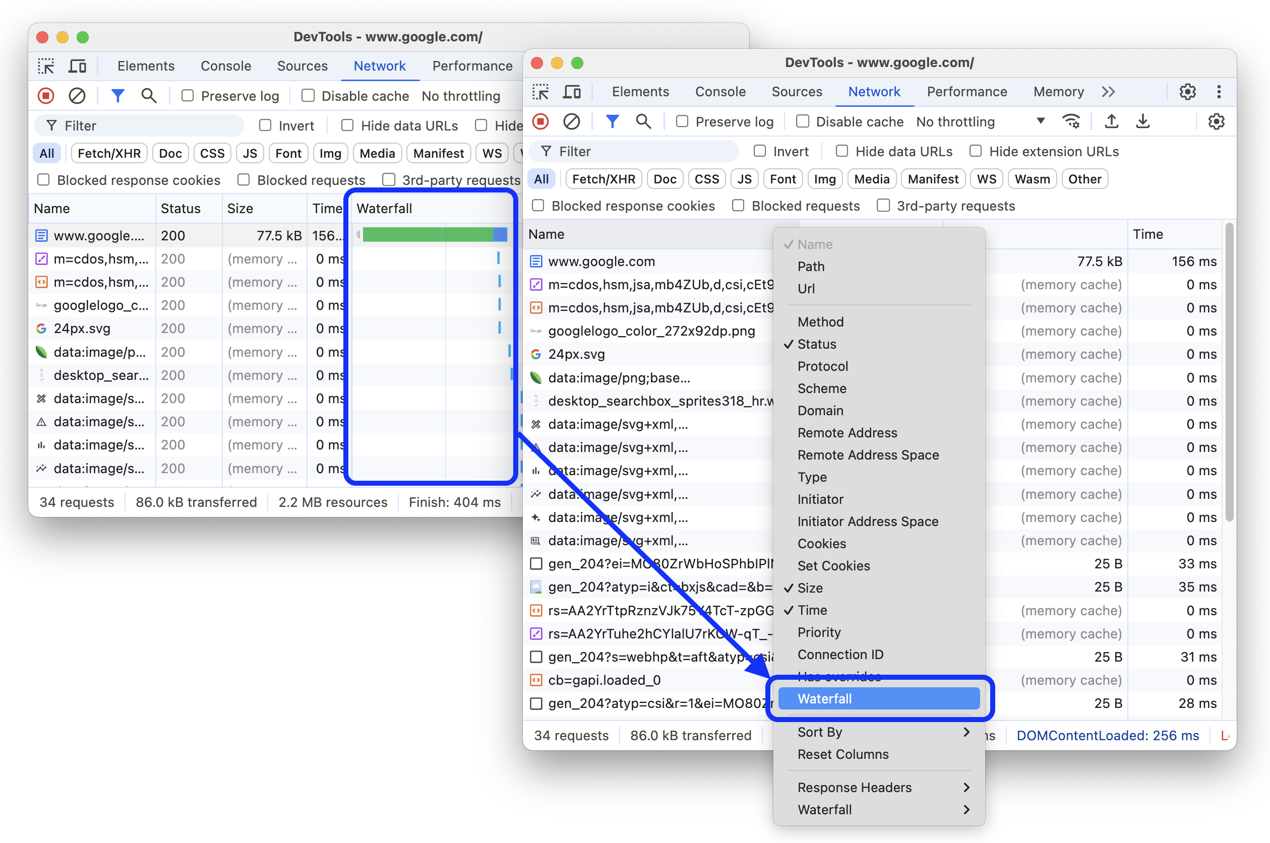 [Waterfall] 列を非表示にするオプションを追加する前と後。