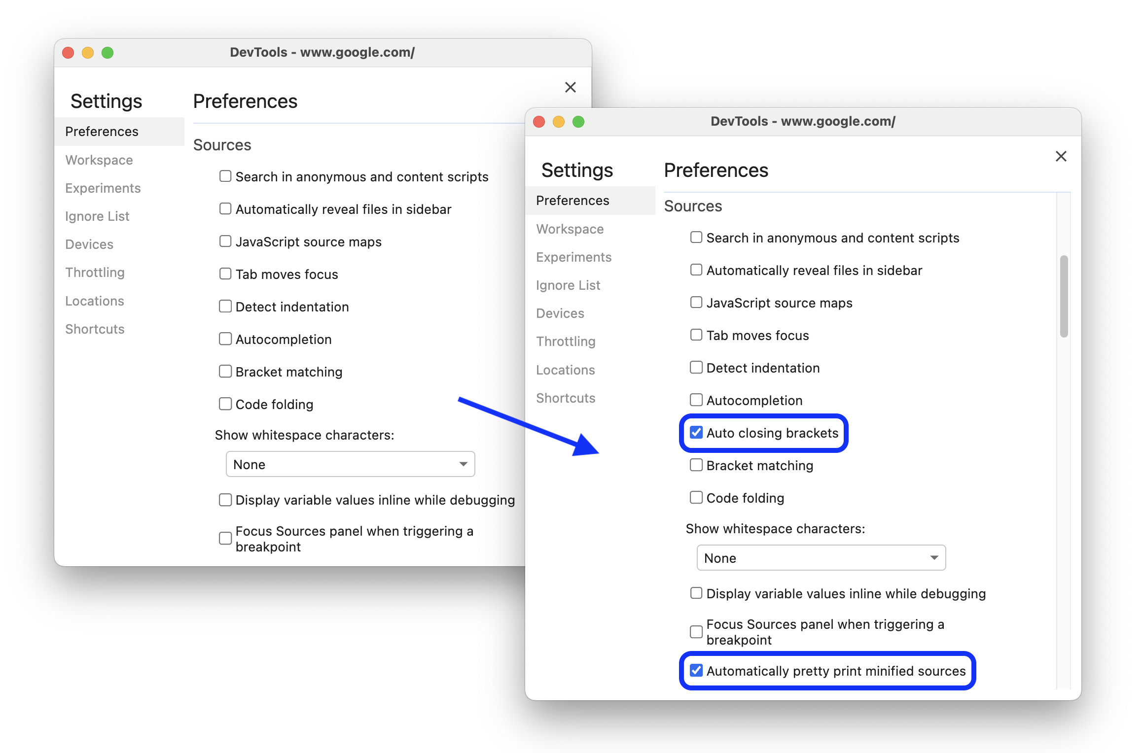 The before and after adding new settings for automatic pretty-printing and bracket closing.