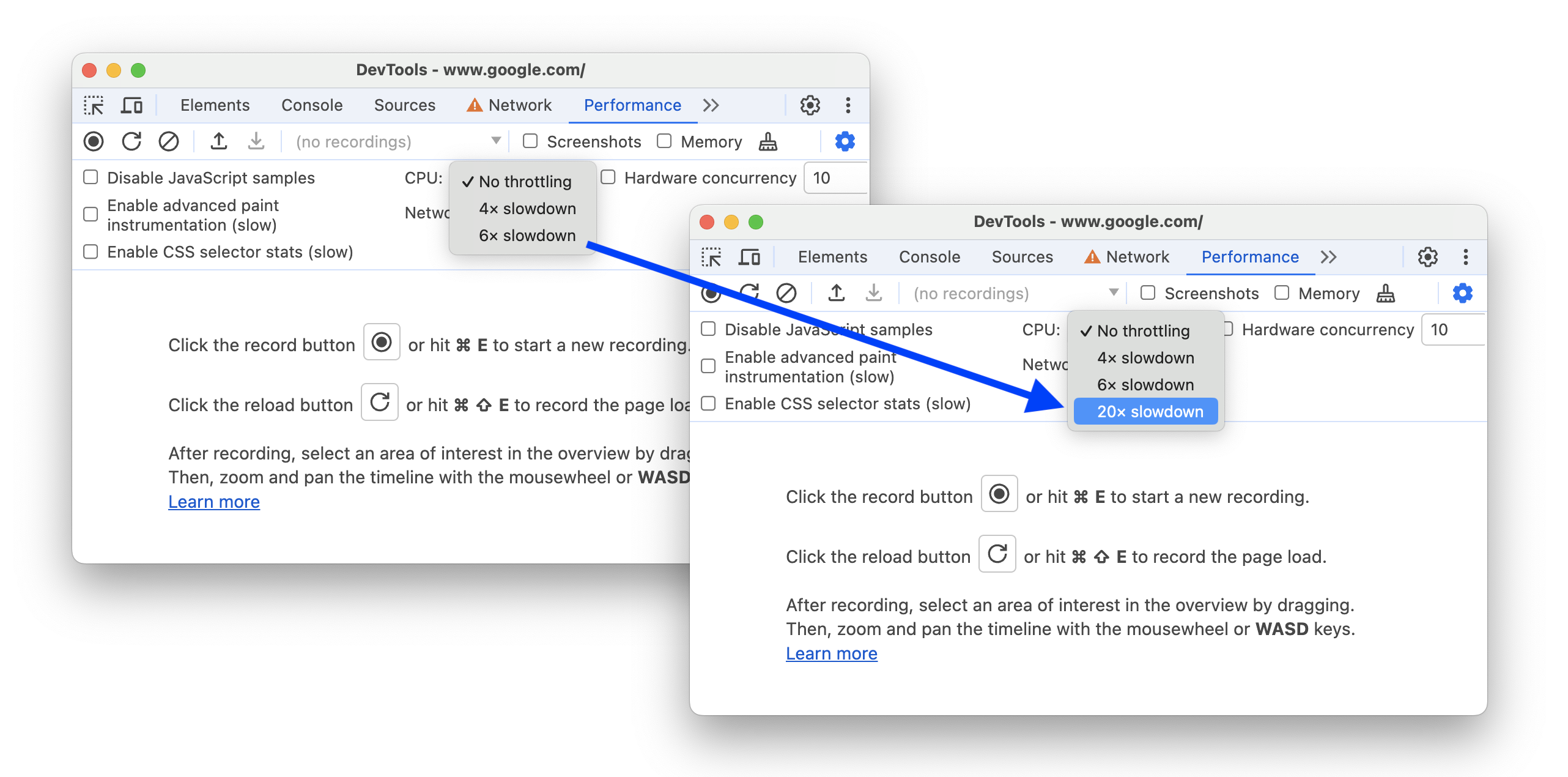 O antes e o depois de adicionar a opção &quot;20xSlowdonw&quot; às &quot;Configurações de captura&quot;.