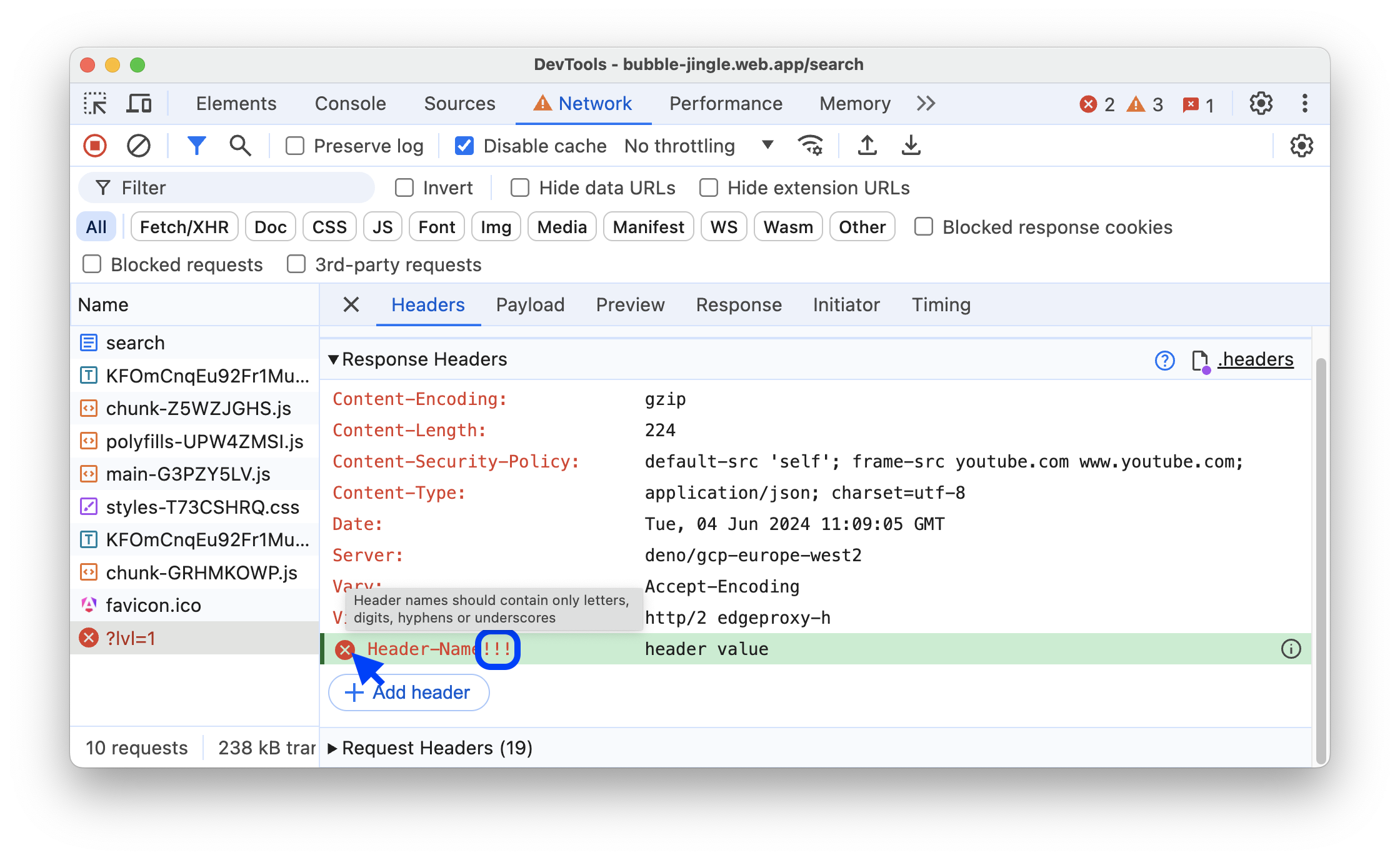هشدار کنار نام سرصفحهای که نویسههای پشتیبانی نشده دارد.