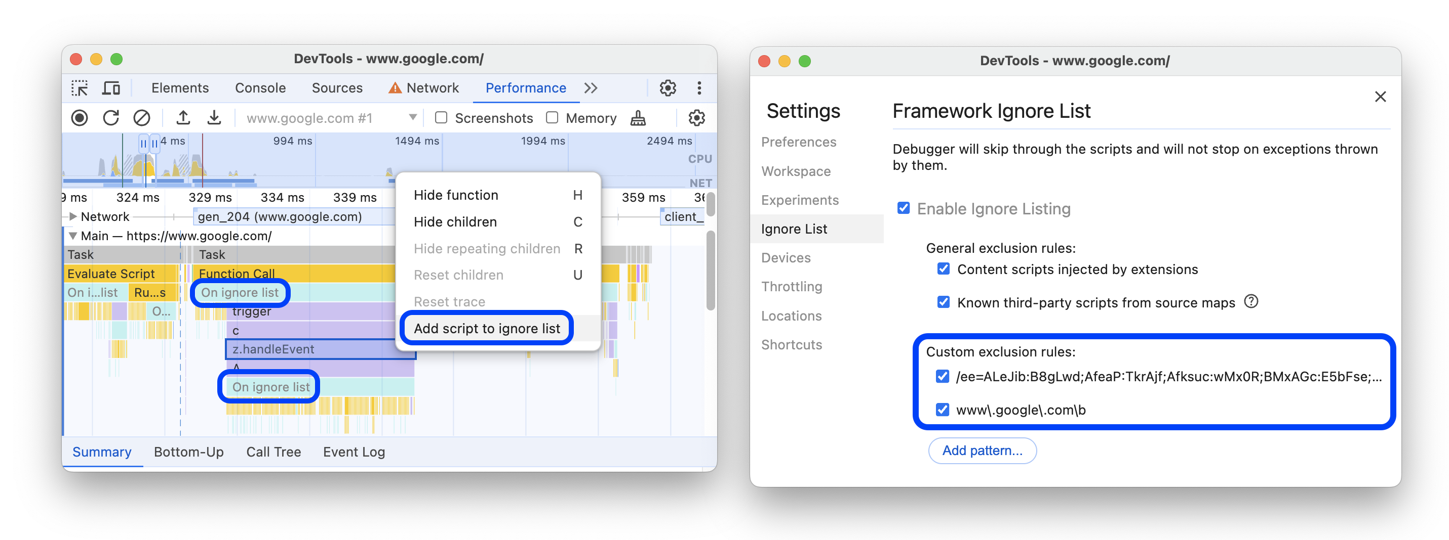 Option de menu permettant d&#39;ajouter le script à la liste des éléments à ignorer, scripts marqués comme ignorés et règles correspondantes dans les paramètres.