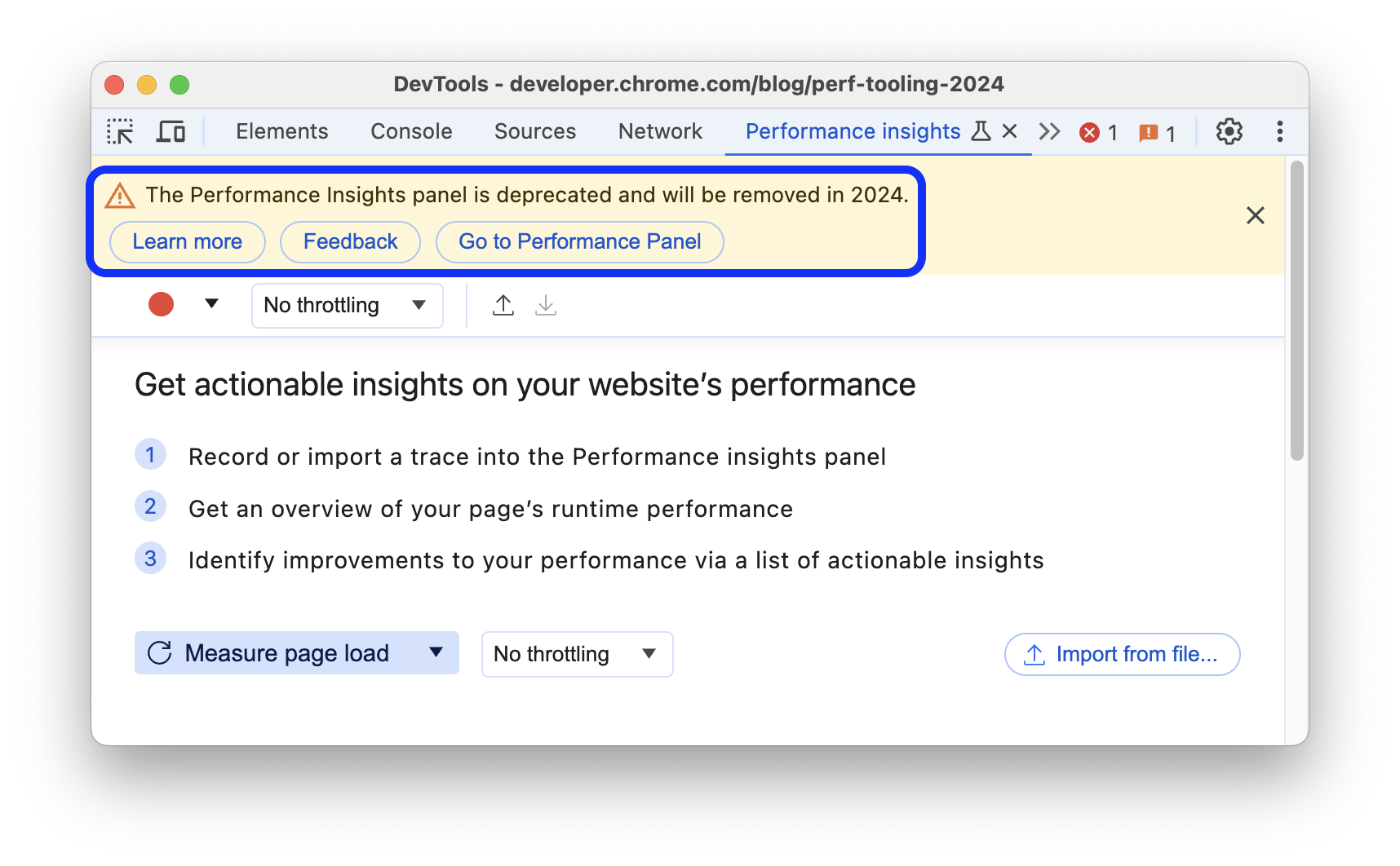 Bannière d&#39;avertissement concernant l&#39;abandon dans &quot;Insights sur les performances&quot; panneau.