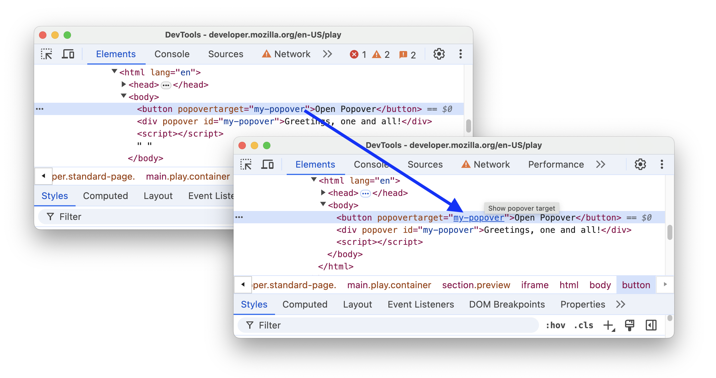 Das Popover-Ziel vor und nach der Verknüpfung mit dem Popovelement.