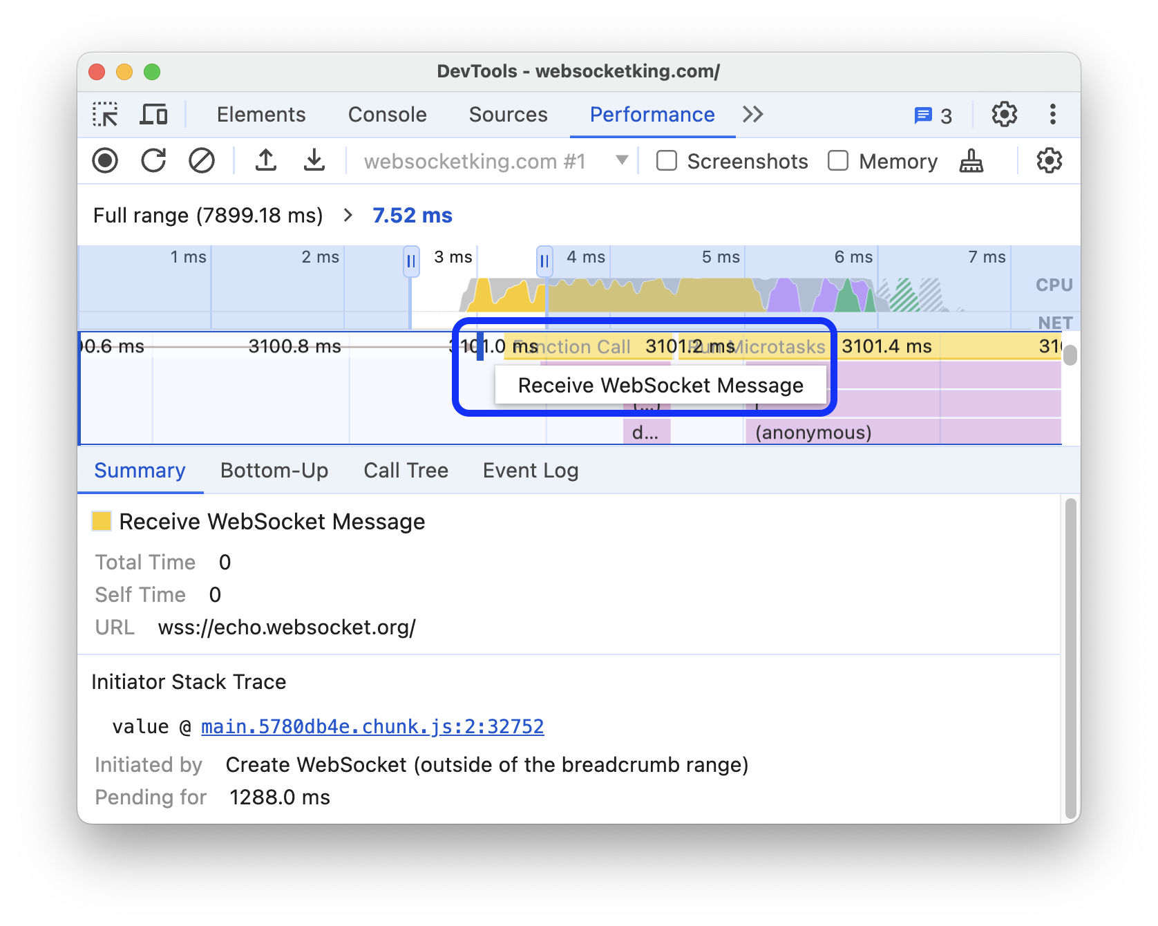 ข้อความ &quot;รับข้อความ WebSocket&quot; เหตุการณ์ที่บันทึกไว้ในการติดตามประสิทธิภาพ