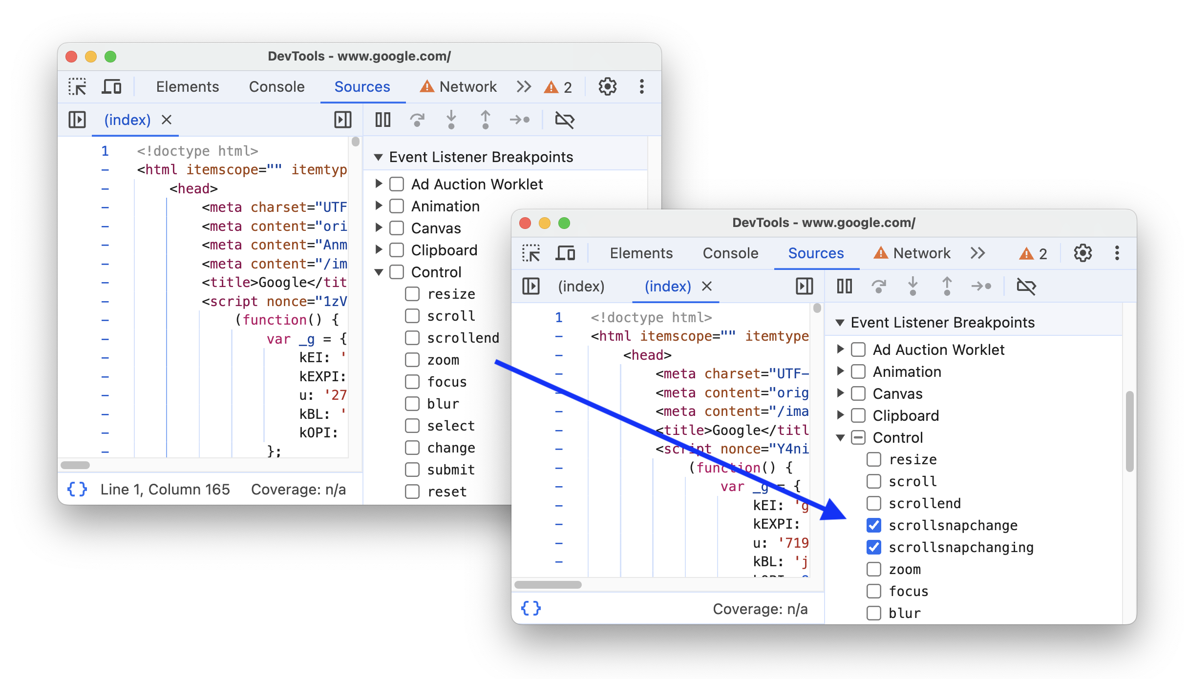 The before and after adding scroll-snap-related event listeners.