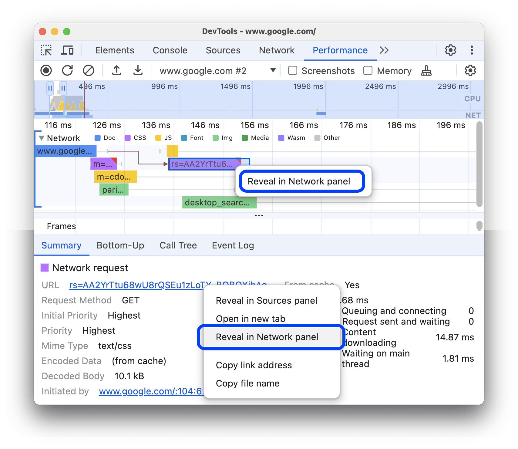 [ネットワーク パネルに表示] オプションを含むリクエストの右クリック メニュー。