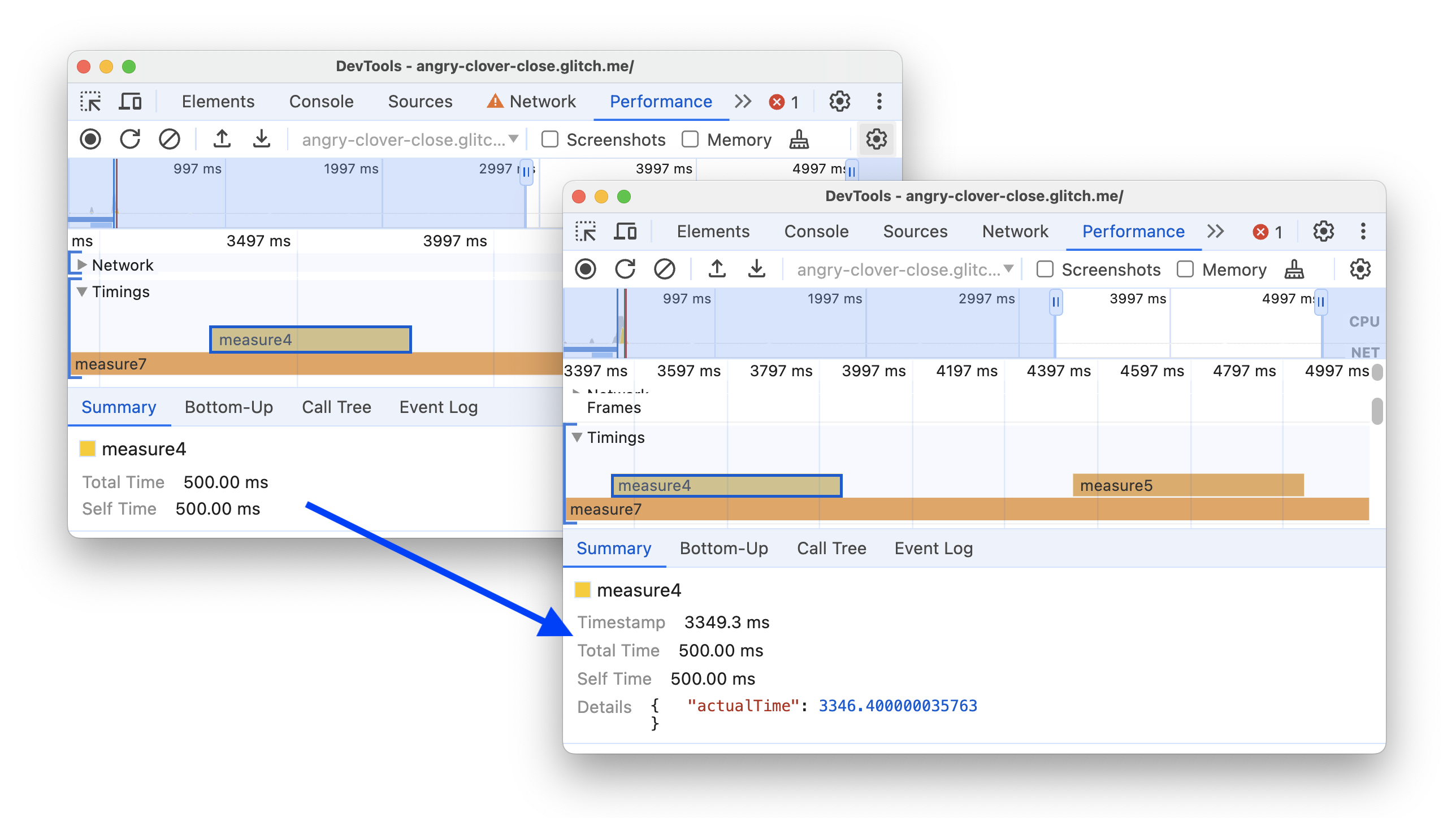 A custom event in the Timings track with a timestamp and details.