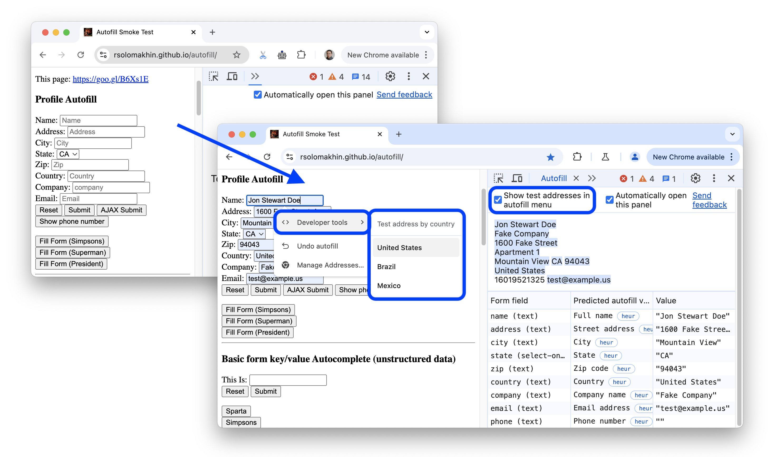 Antes e depois de adicionar opções de dados de teste de preenchimento automático a um menu suspenso de campo de formulário de endereço.