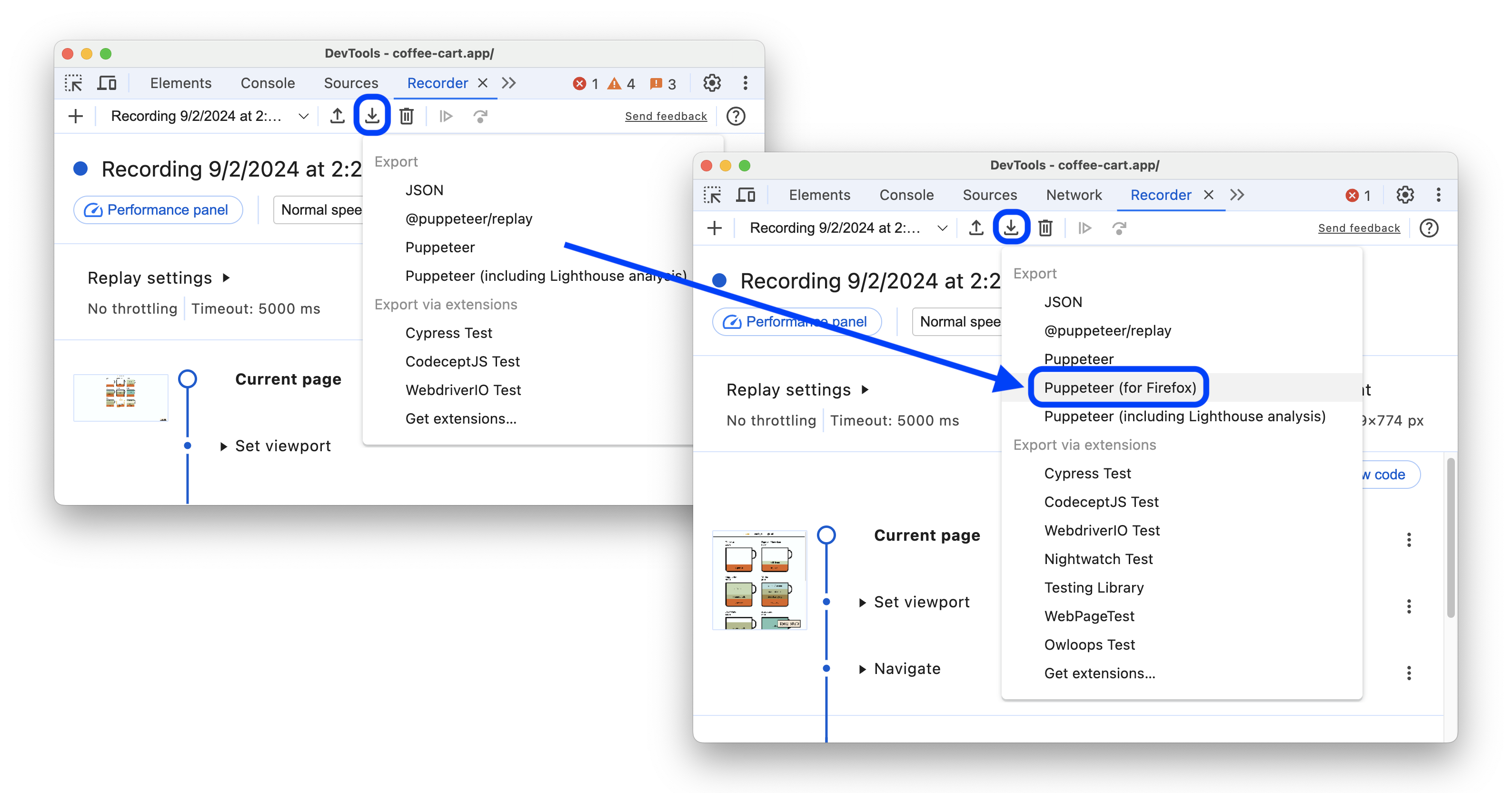 The before and after adding the 'Puppeteer for Firefox' option to the Recorder's export menu.