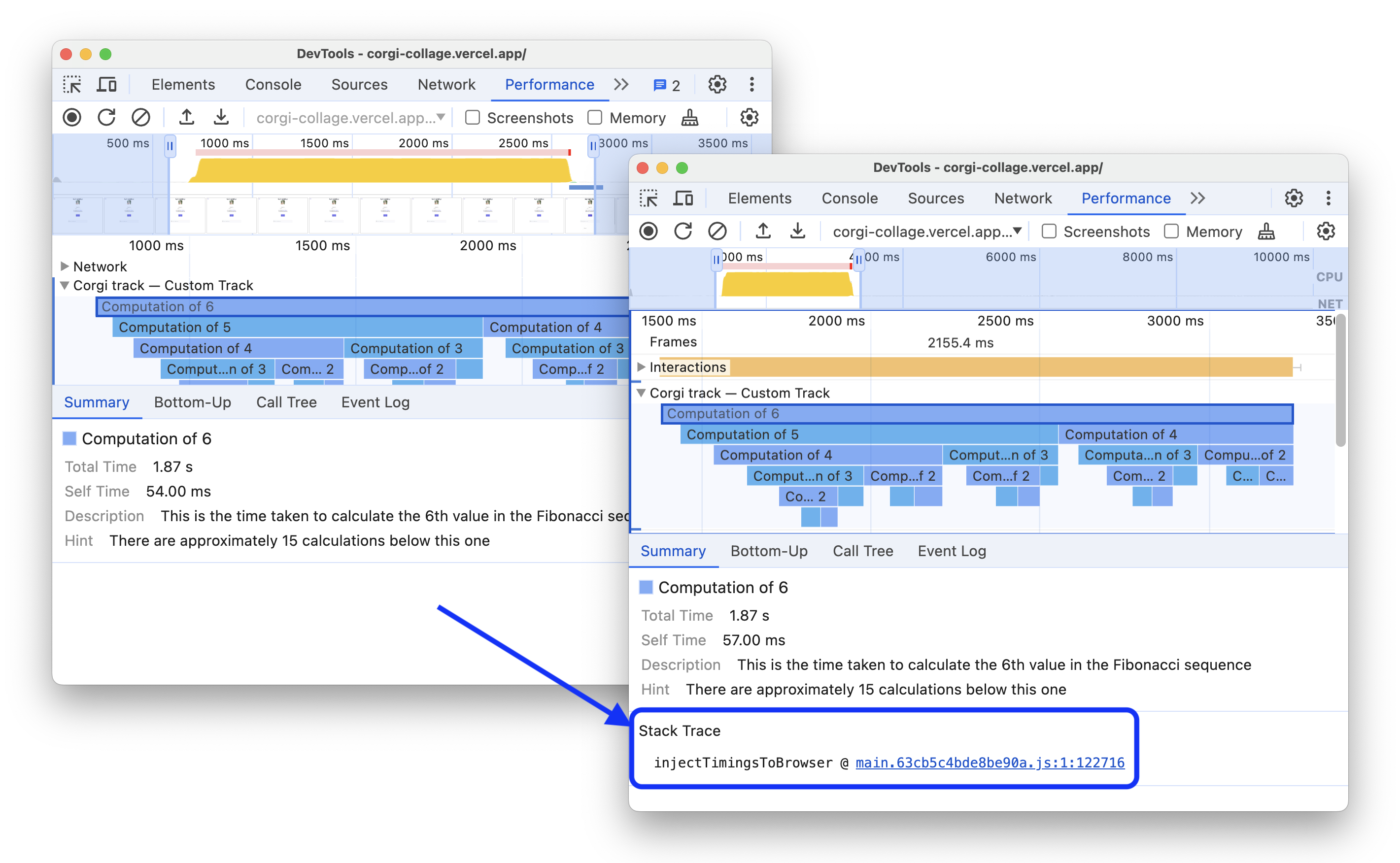 The before and after showing stack traces for performance.mark and performance. measure calls.