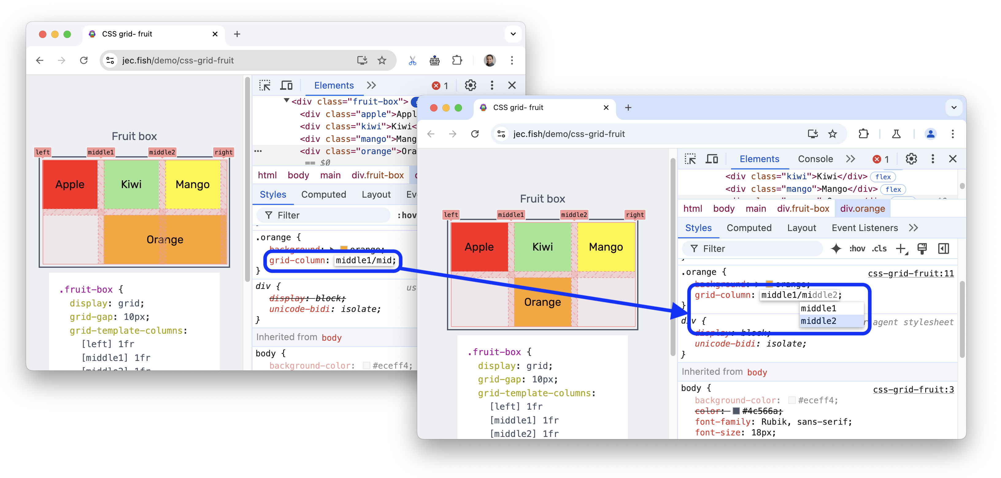 The before and after adding autocomplete options when you edit grid line names.