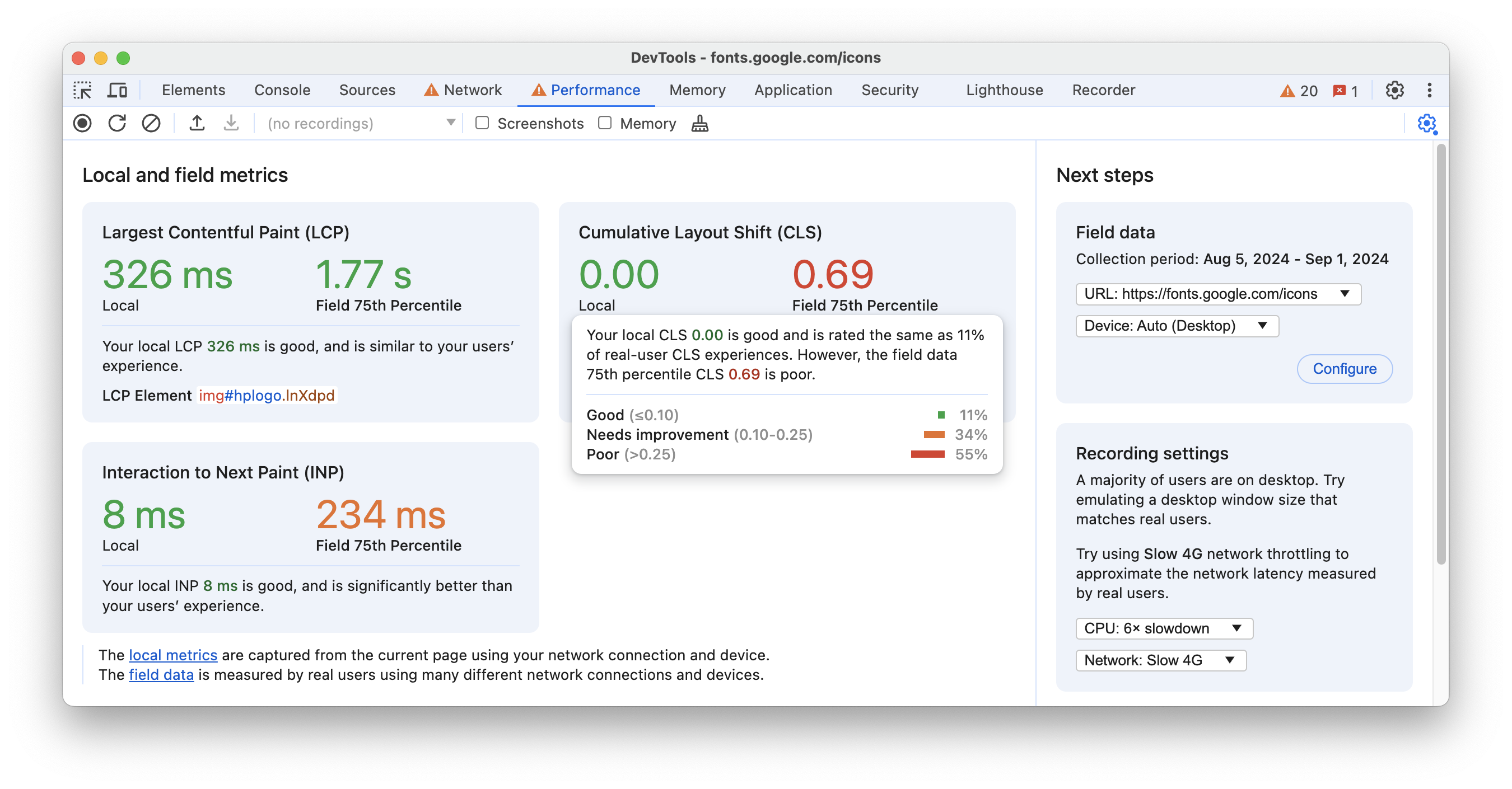 Live observations about metrics in the Performance panel.