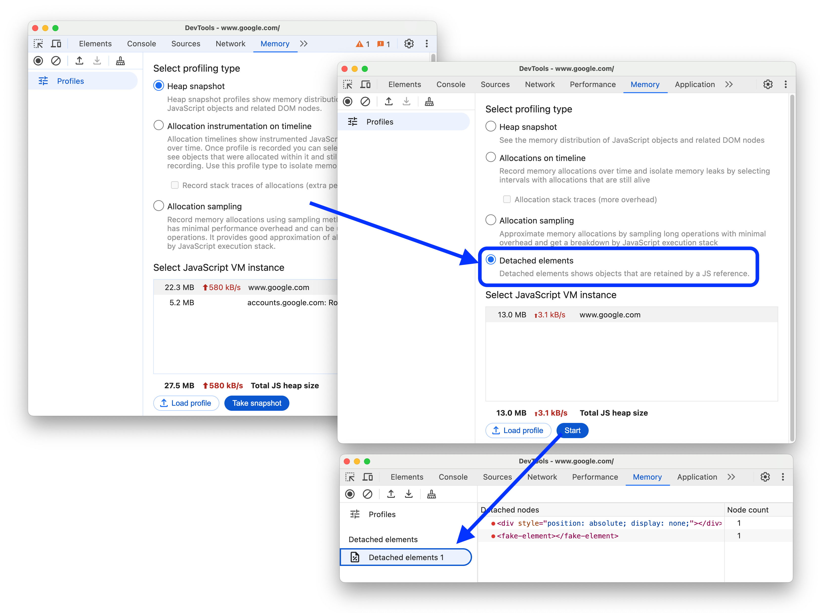 Antes e depois de adicionar o tipo de perfil &quot;Elementos desconectados&quot; ao painel &quot;Memória&quot;.