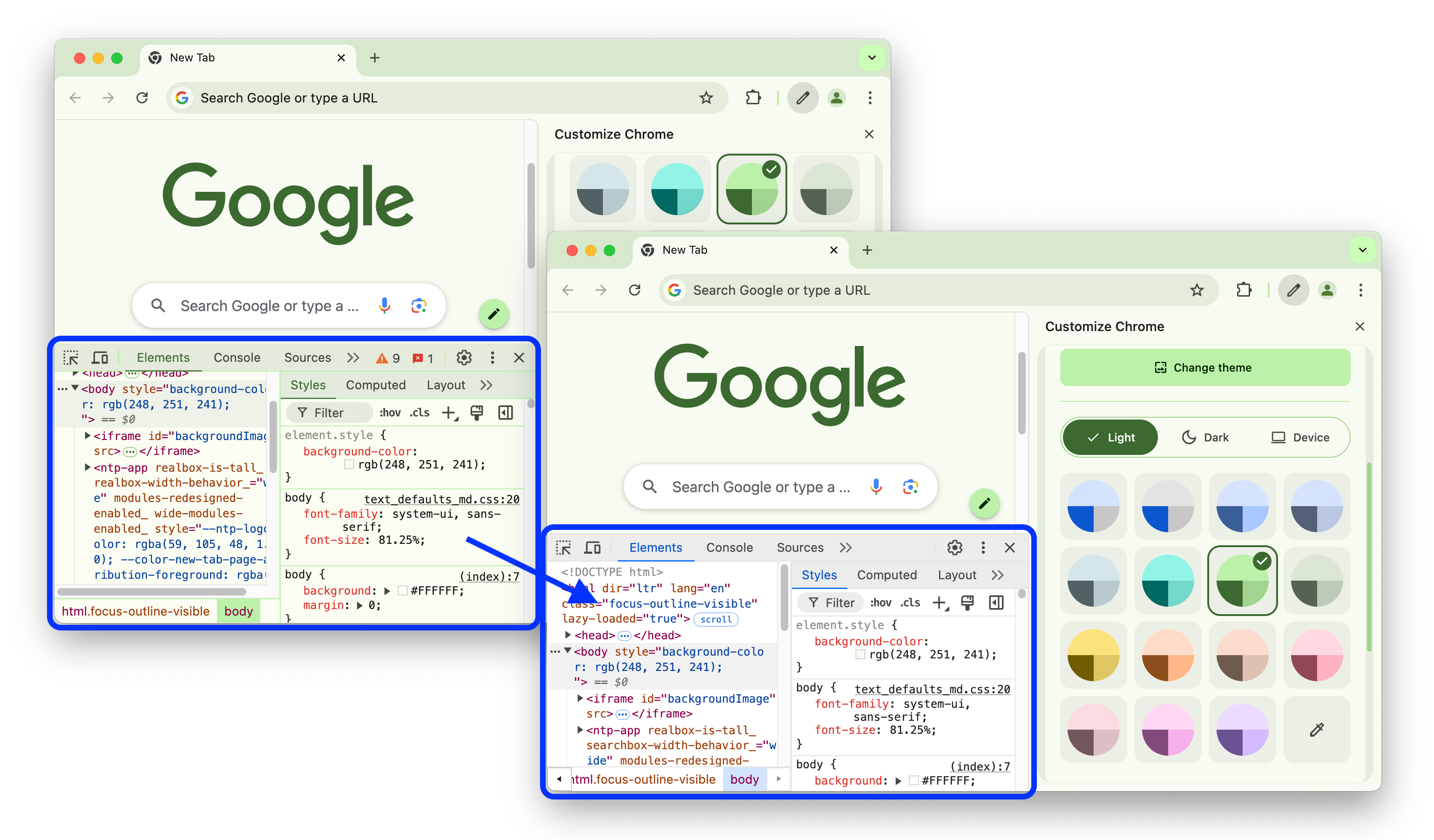 关闭动态主题功能前后的对比图。