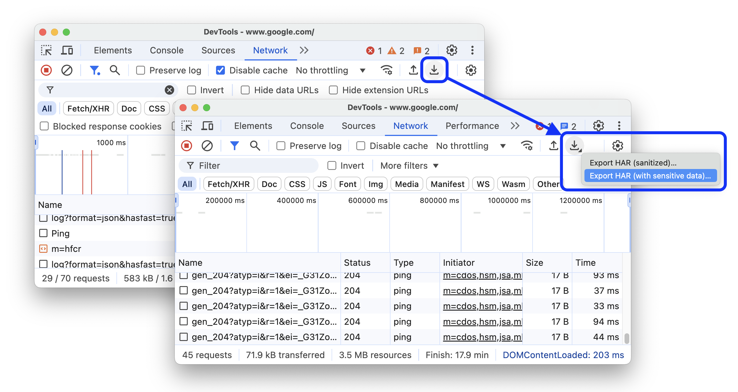 Before and after adding export options with and without sensitive data to HAR export.