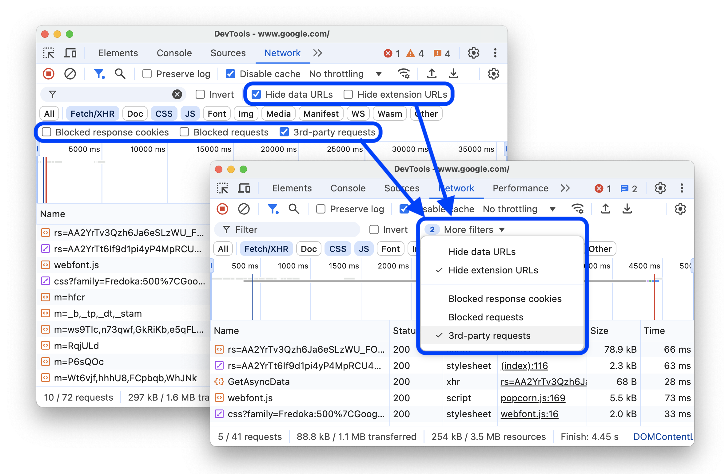 Vor und nach dem Verschieben von Ausblendungs-, Blockierungs- und Drittanbieter-Filtern in einem Drop-down-Menü.