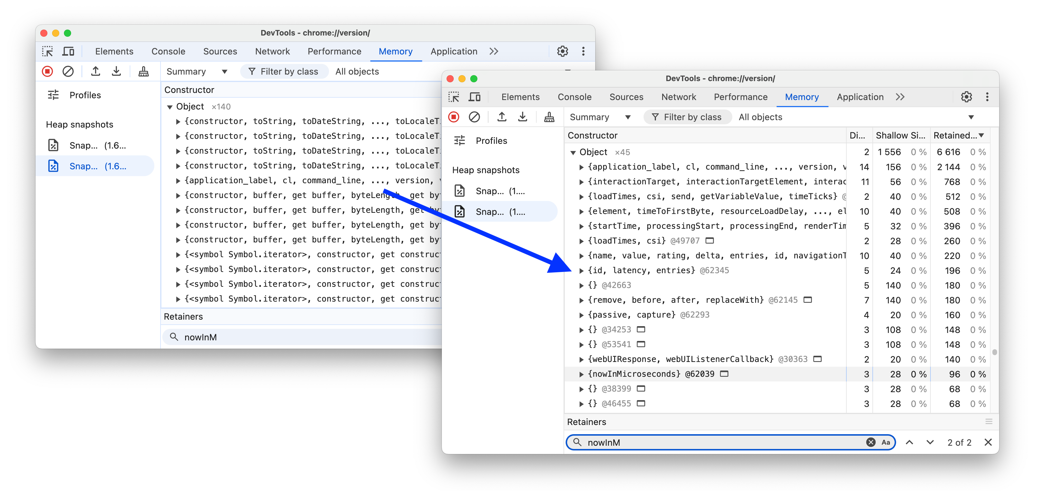 Before and after organizing the Object category in heap snapshots.