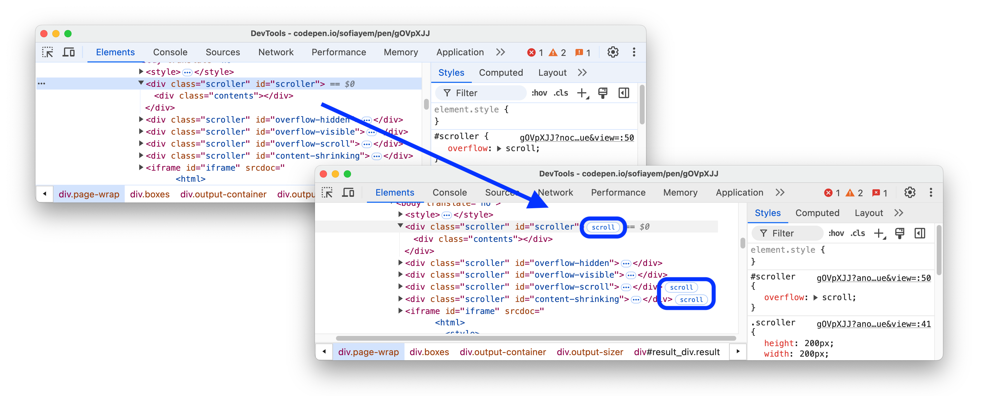 スクロール オーバーフローへのバッジの適用前と適用後。