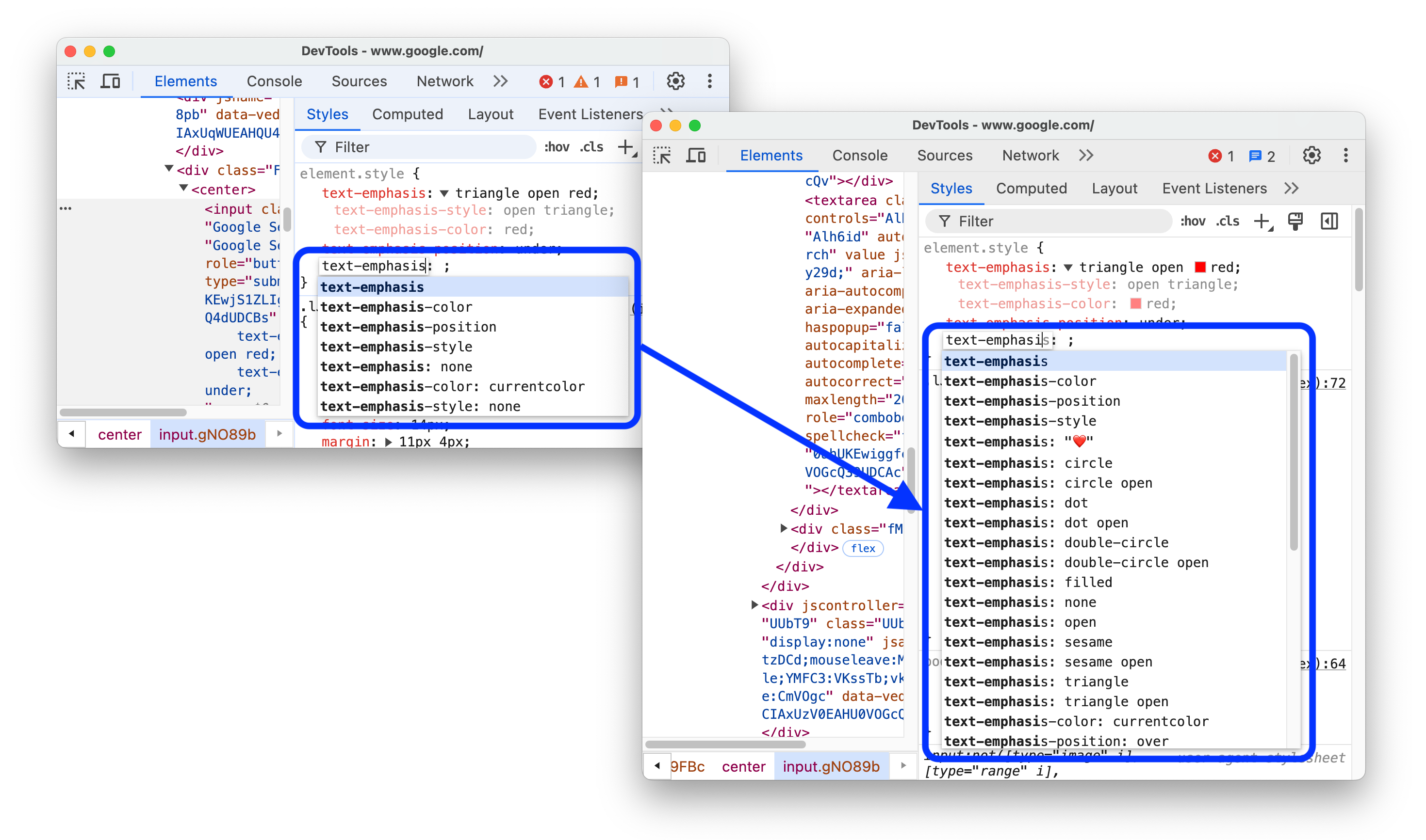 Vor und nach dem Hinzufügen der Option für die automatische Vervollständigung für die Properties „text-emphasis-*“