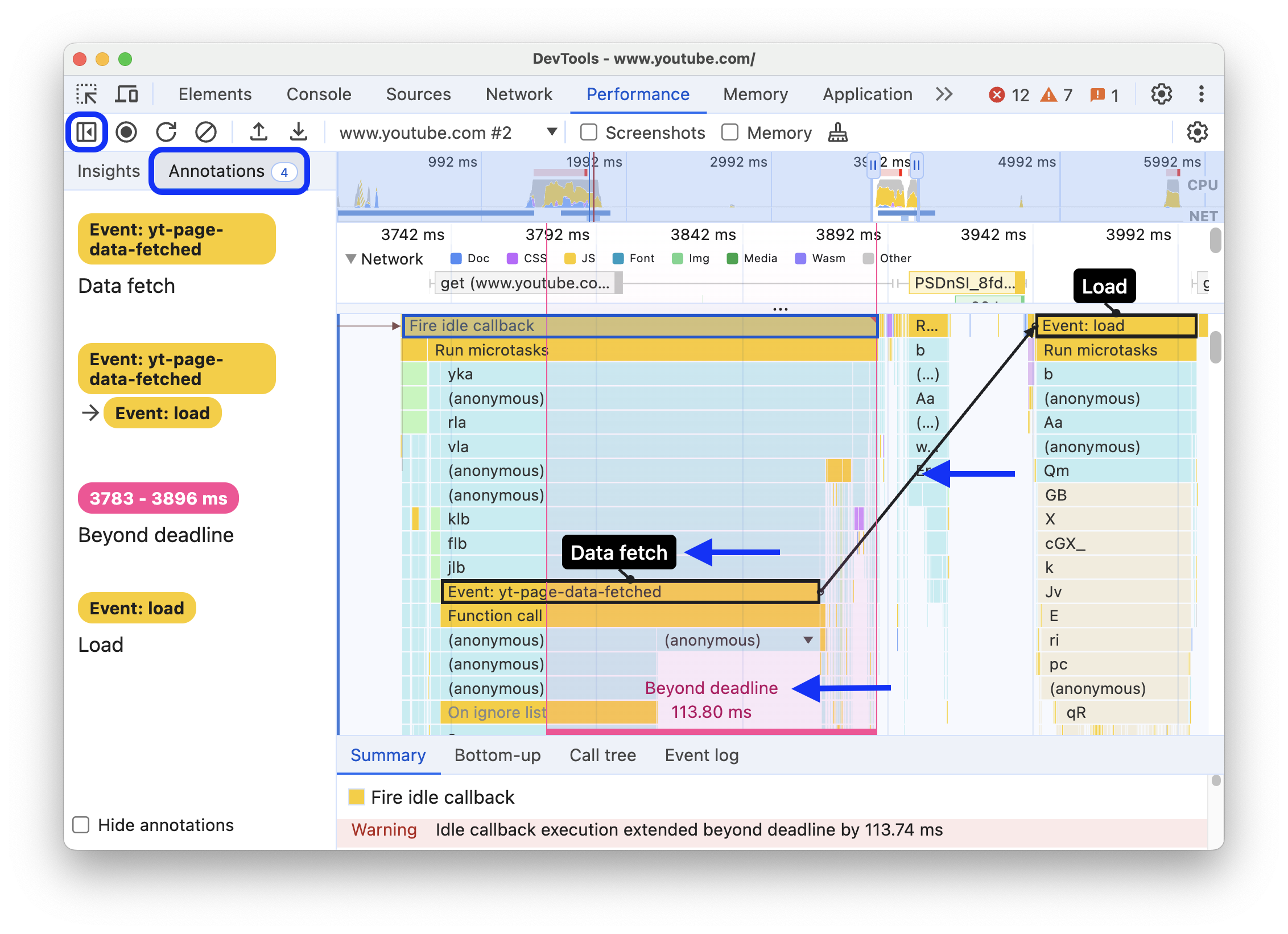 Tab anotasi baru di sidebar sebelah kiri serta peristiwa, rentang, dan koneksi yang dianotasi.