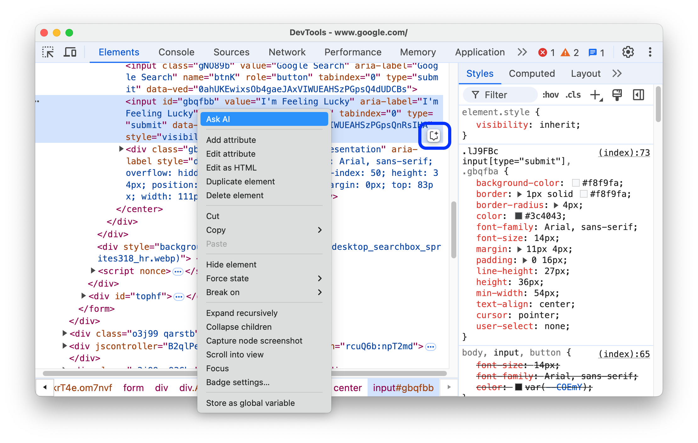 خيار القائمة &quot;اسأل الذكاء الاصطناعي&quot; والزر المقابل