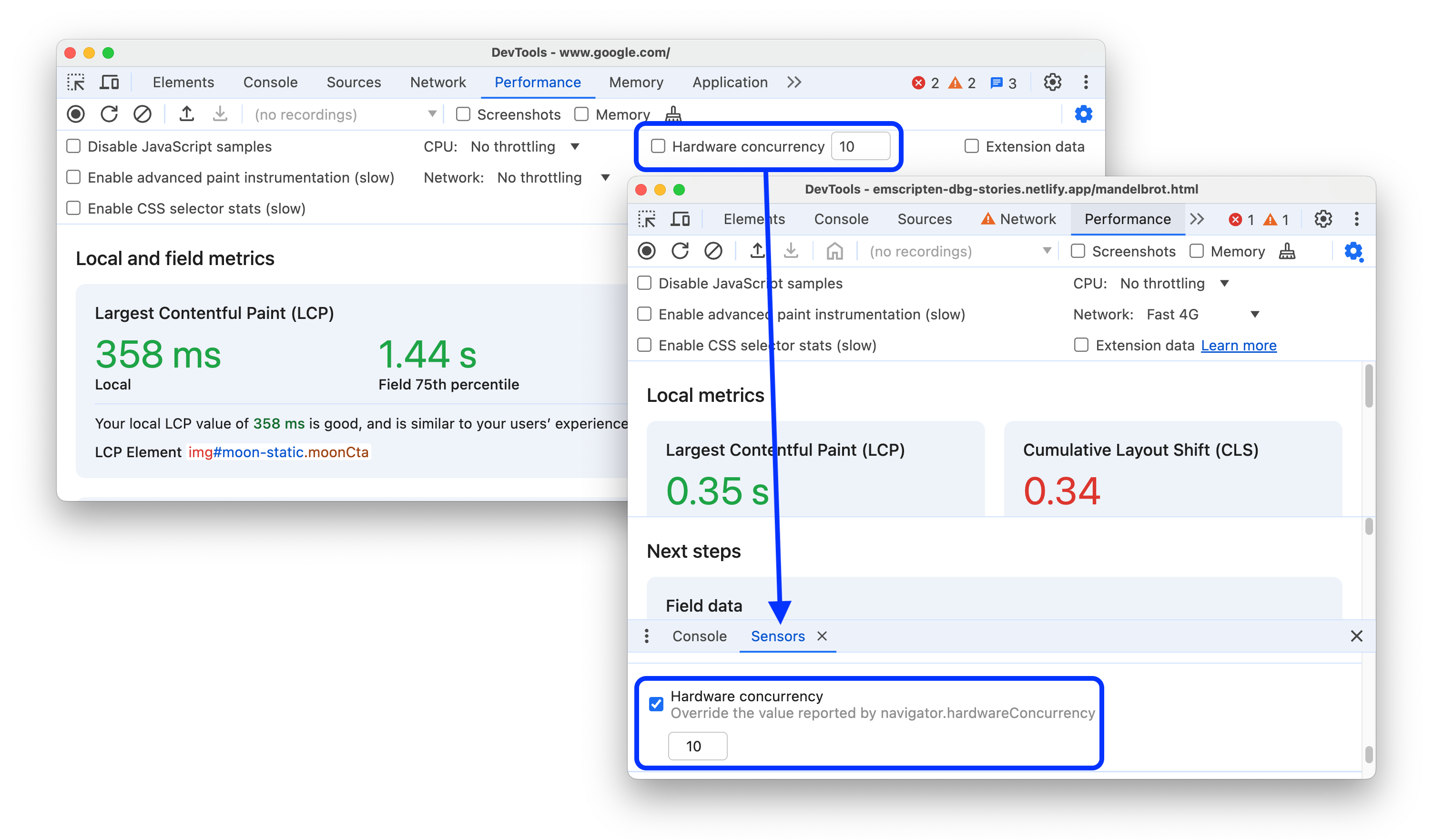 Sebelum dan sesudah memindahkan setelan &#39;Hardware concurrency&#39; ke panel Sensors.