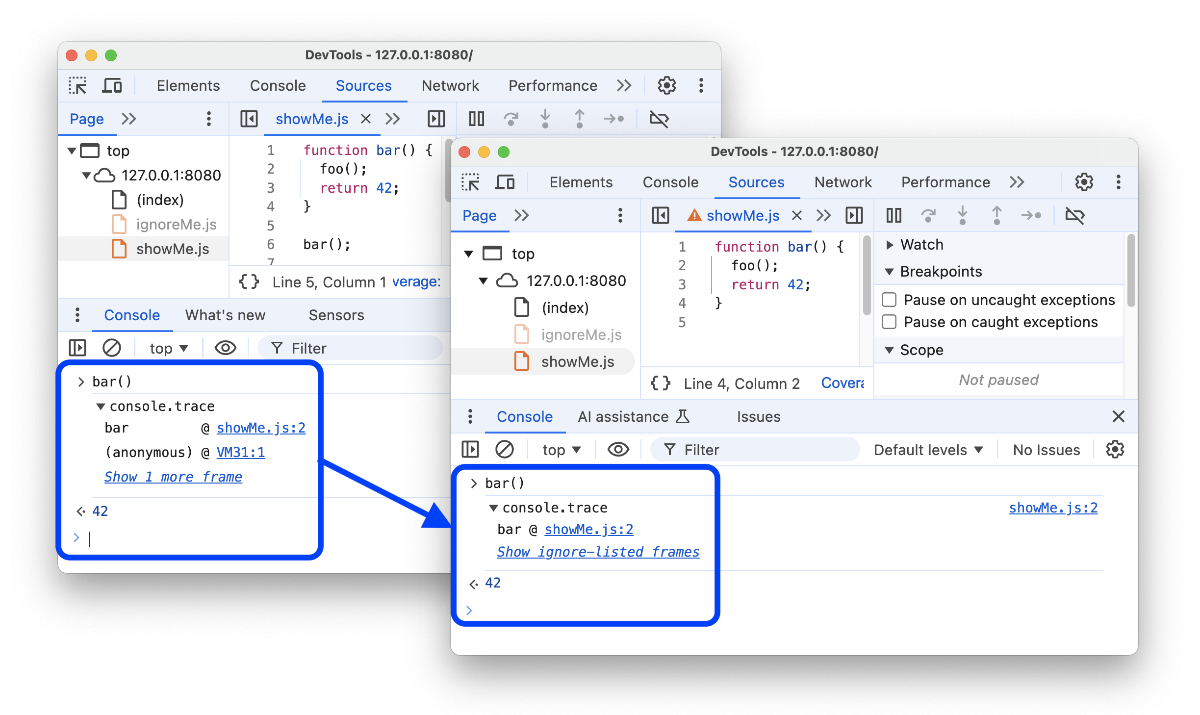 לפני ואחרי השיפור של הרשימה להתעלמות ב-stack traces.