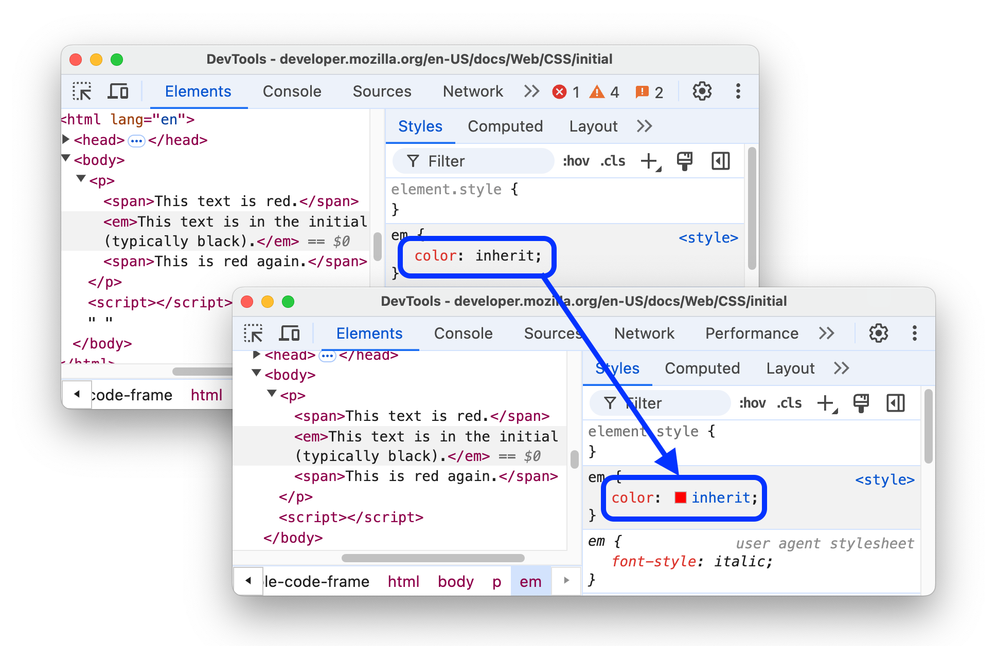 قبل و بعد از حل کلمات کلیدی در سطح CSS.