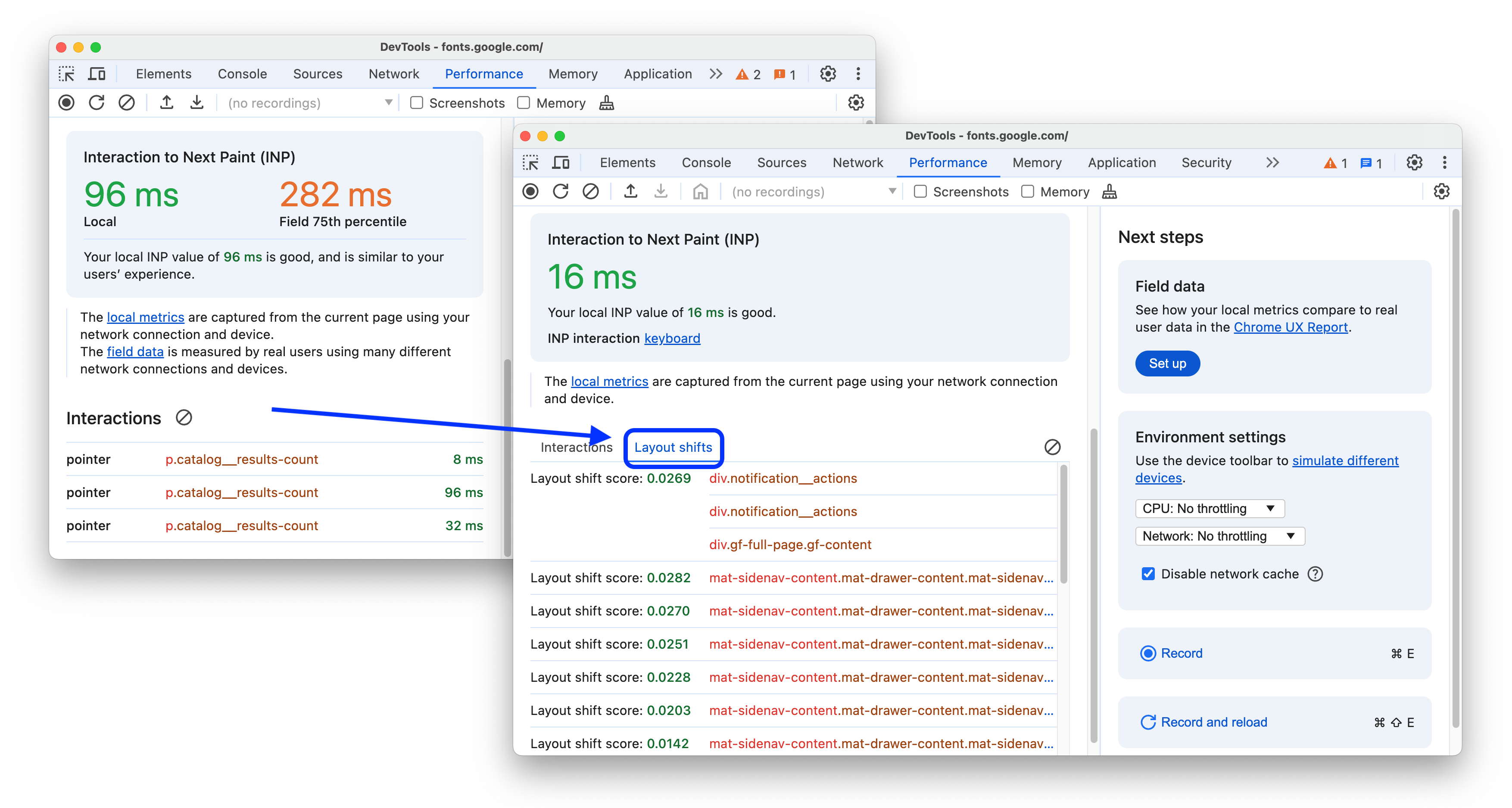 O antes e depois de adicionar o registro de &quot;Mudanças de layout&quot; à visualização de métricas em tempo real.