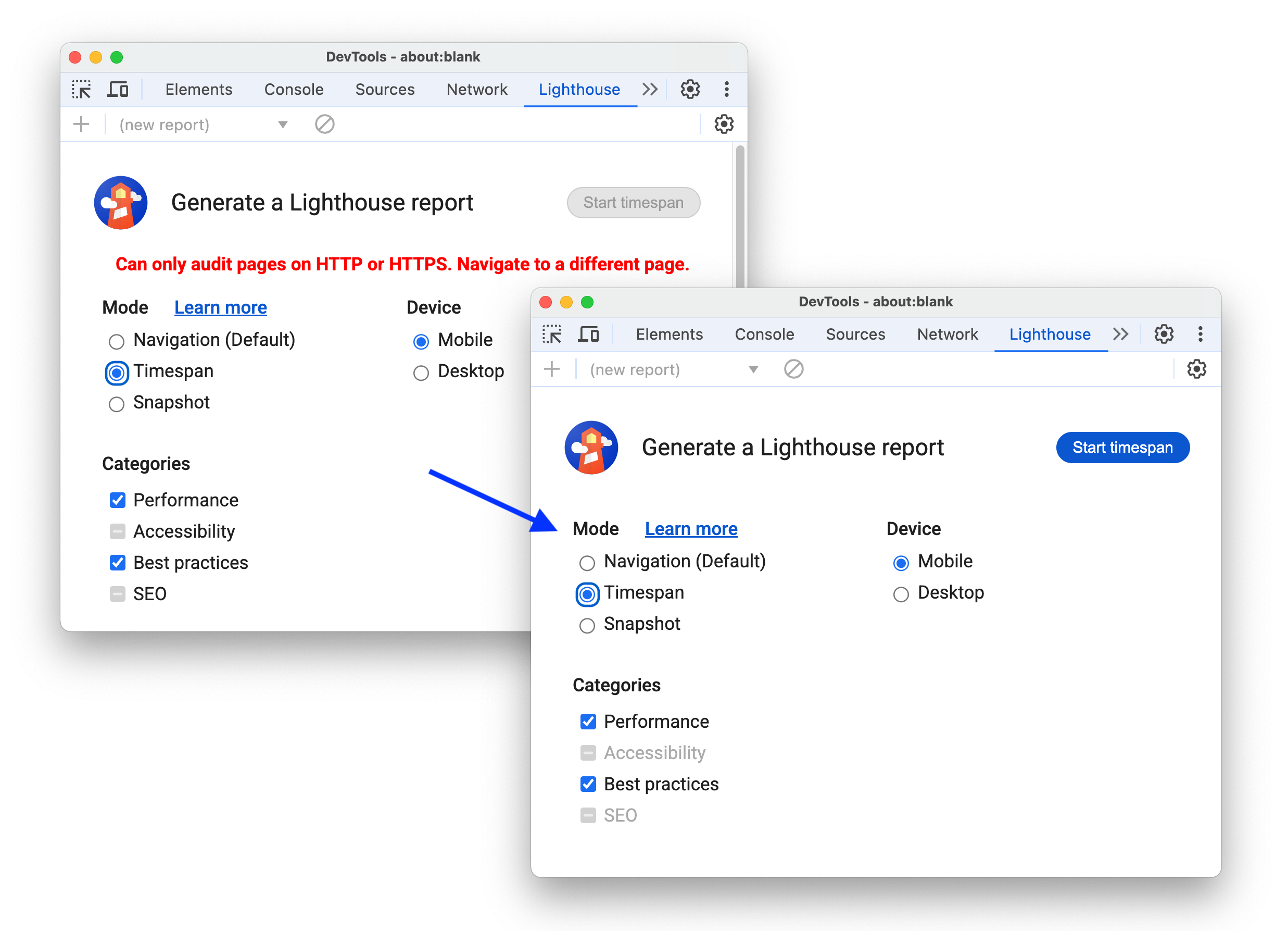 Sebelum dan sesudah mengaktifkan audit untuk halaman non-HTTP dalam mode rentang waktu dan snapshot.