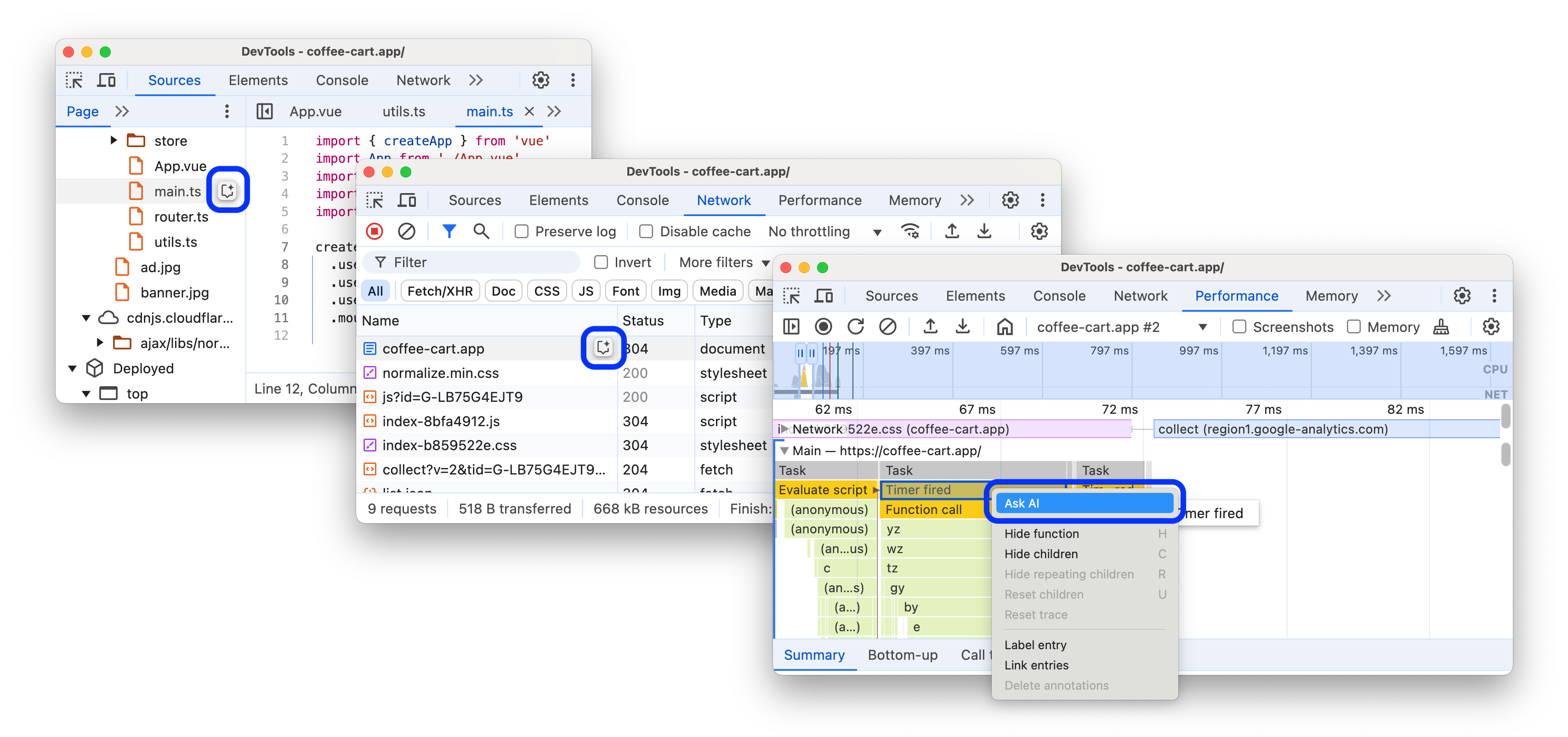 Pulsanti e opzione di menu Chiedi all&#39;IA in Rete, Origini e Rendimento.