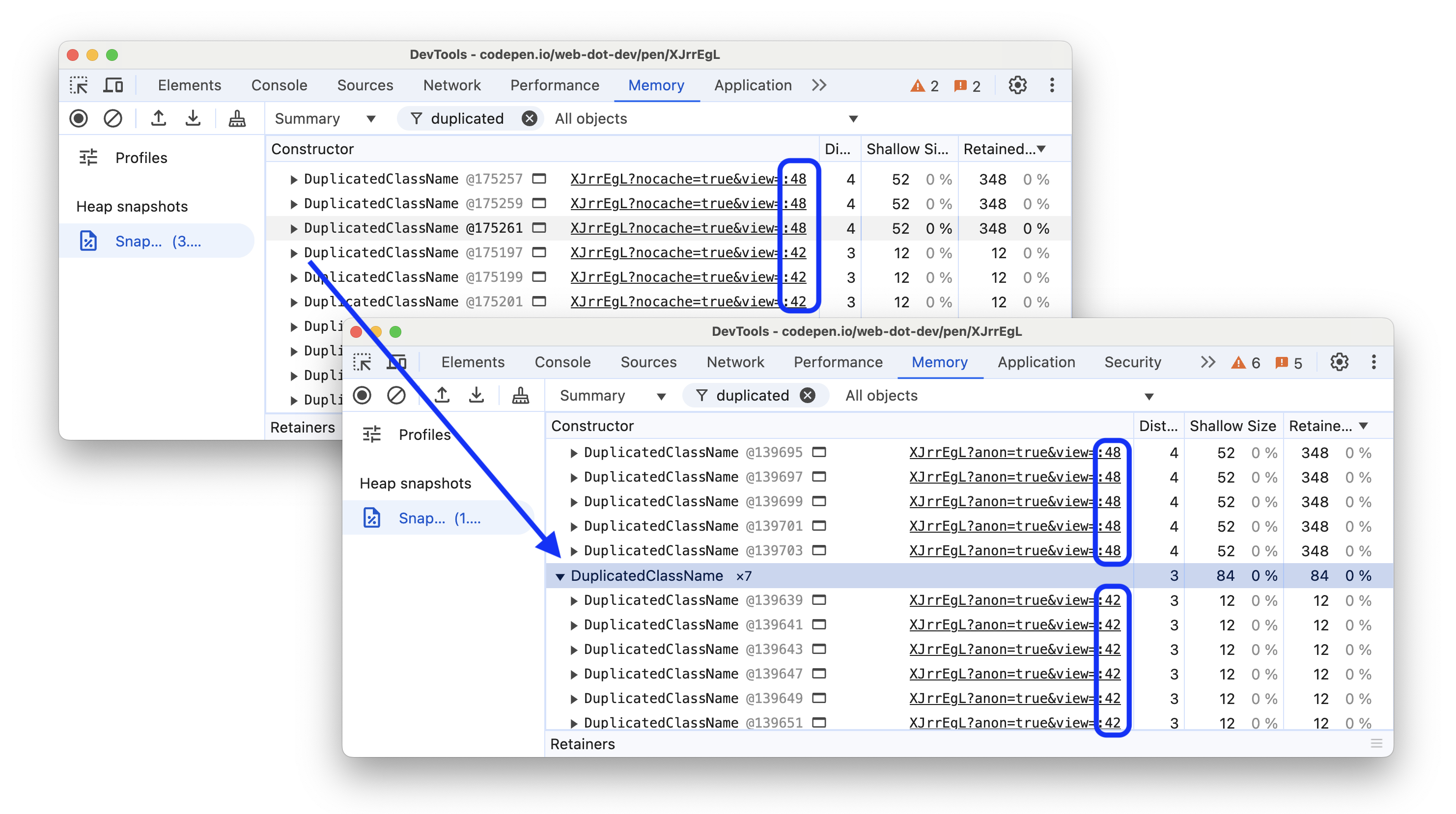 O agrupamento antes e depois de objetos JS com o mesmo nome também por origem.