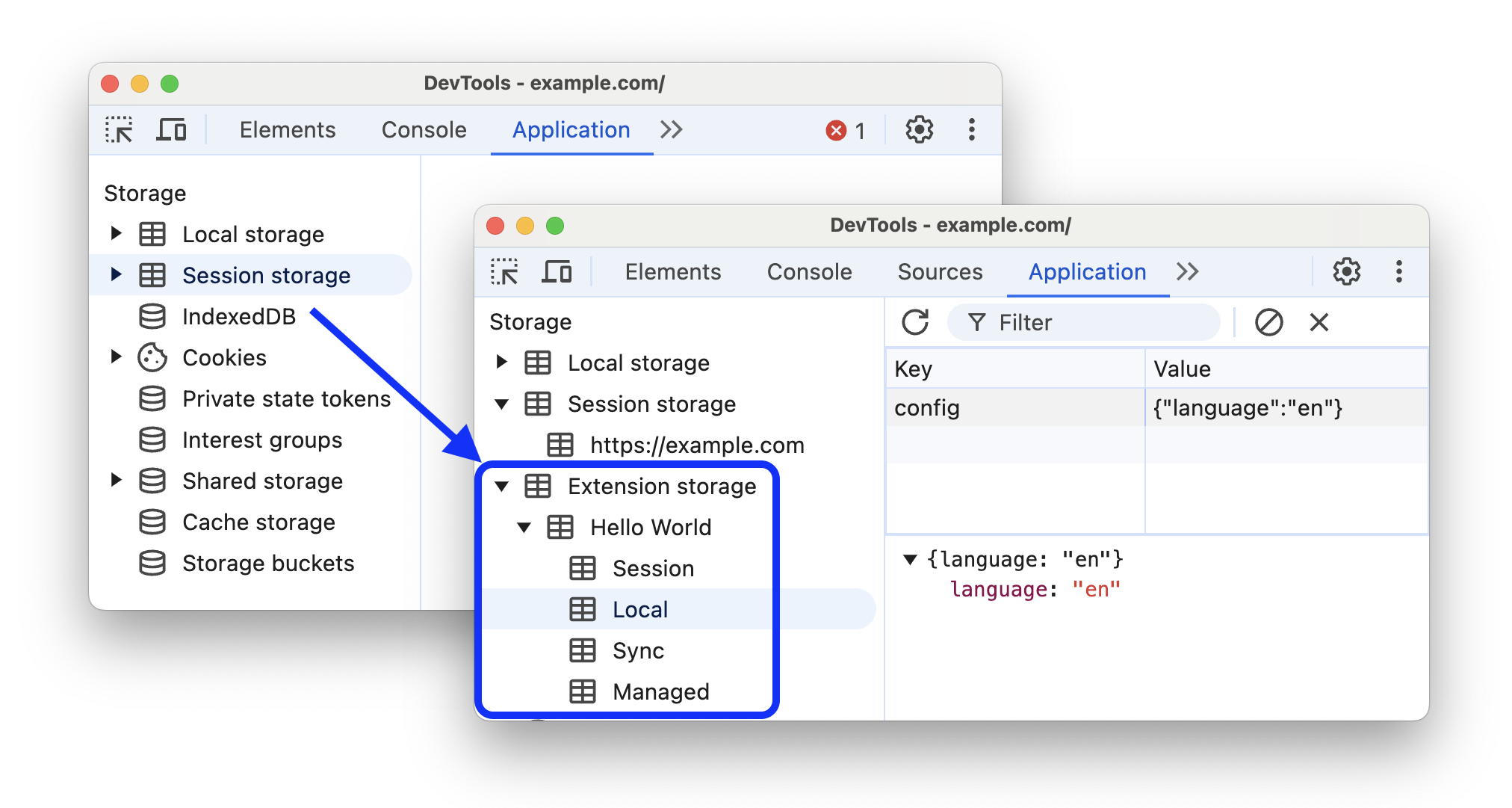 État avant et après l&#39;ajout de la section &quot;Espace de stockage des extensions&quot; au panneau &quot;Application&quot;.