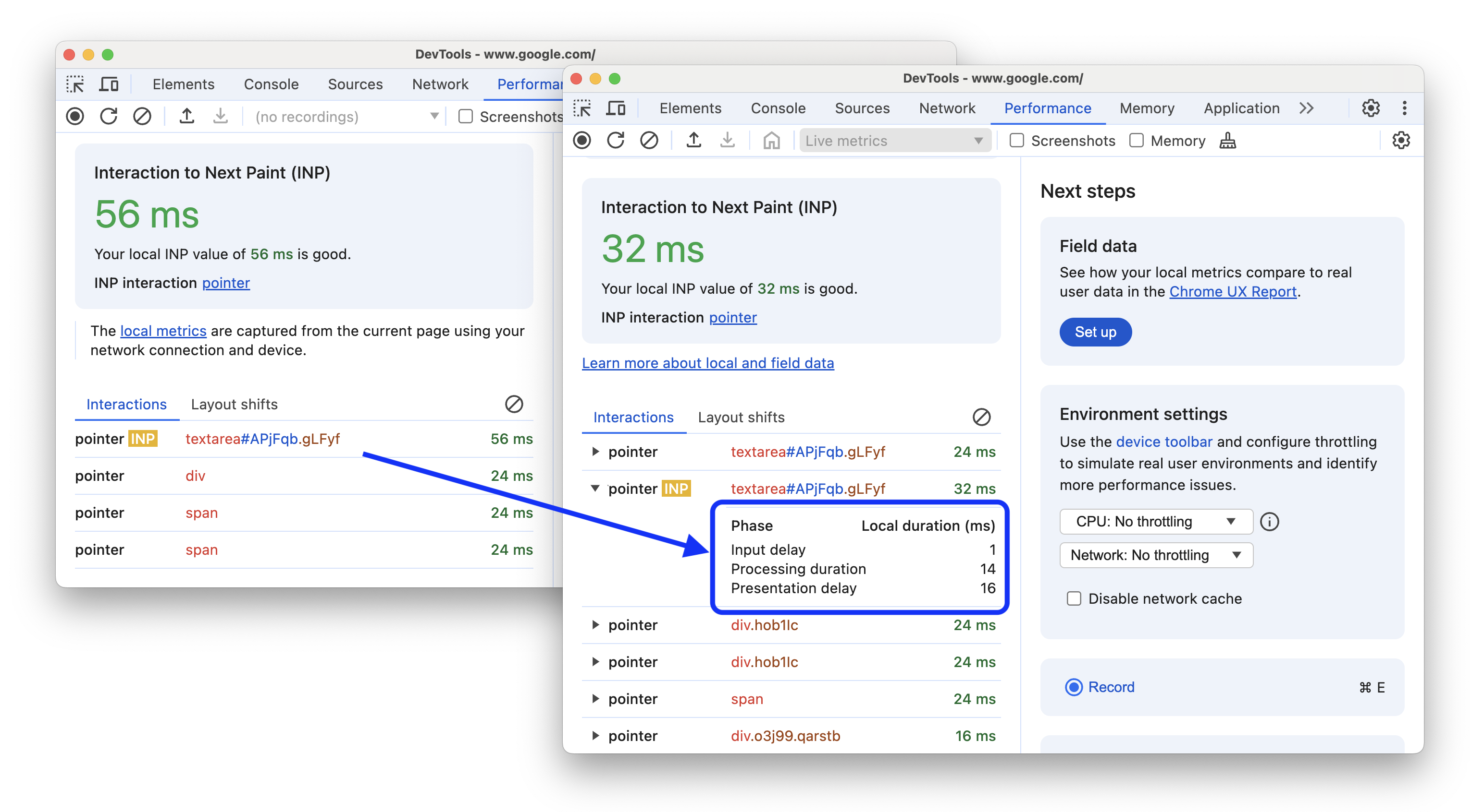 The before and after adding a breakdown of phases and their timings to interactions.