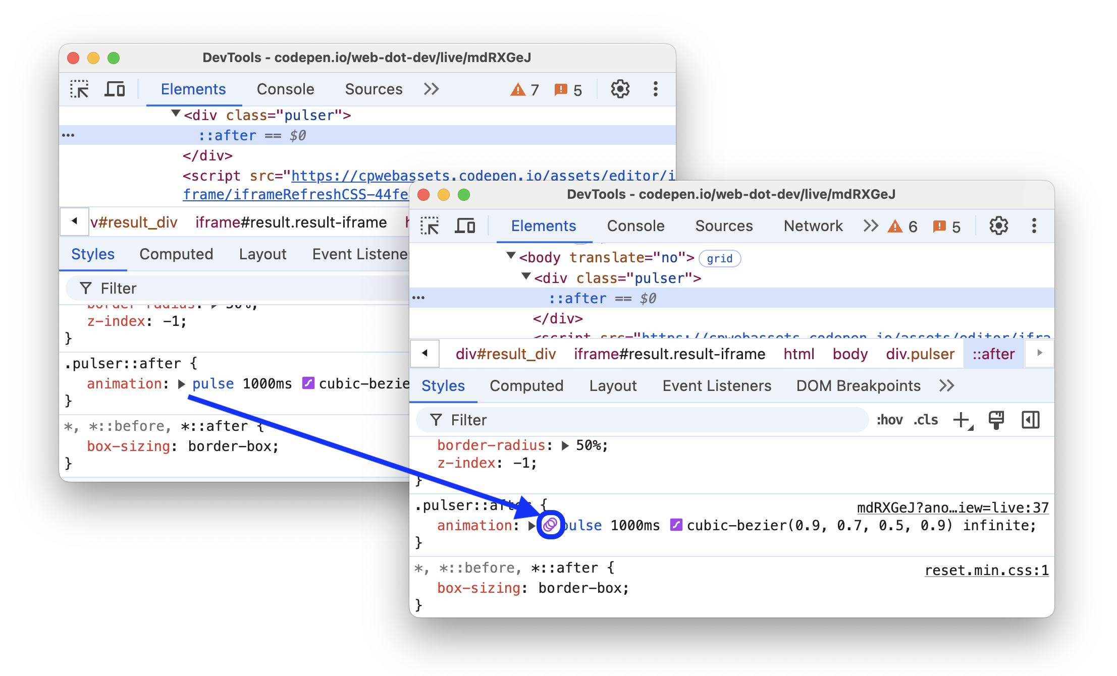 The before and after adding a link from the Styles tab to the Animations panel.