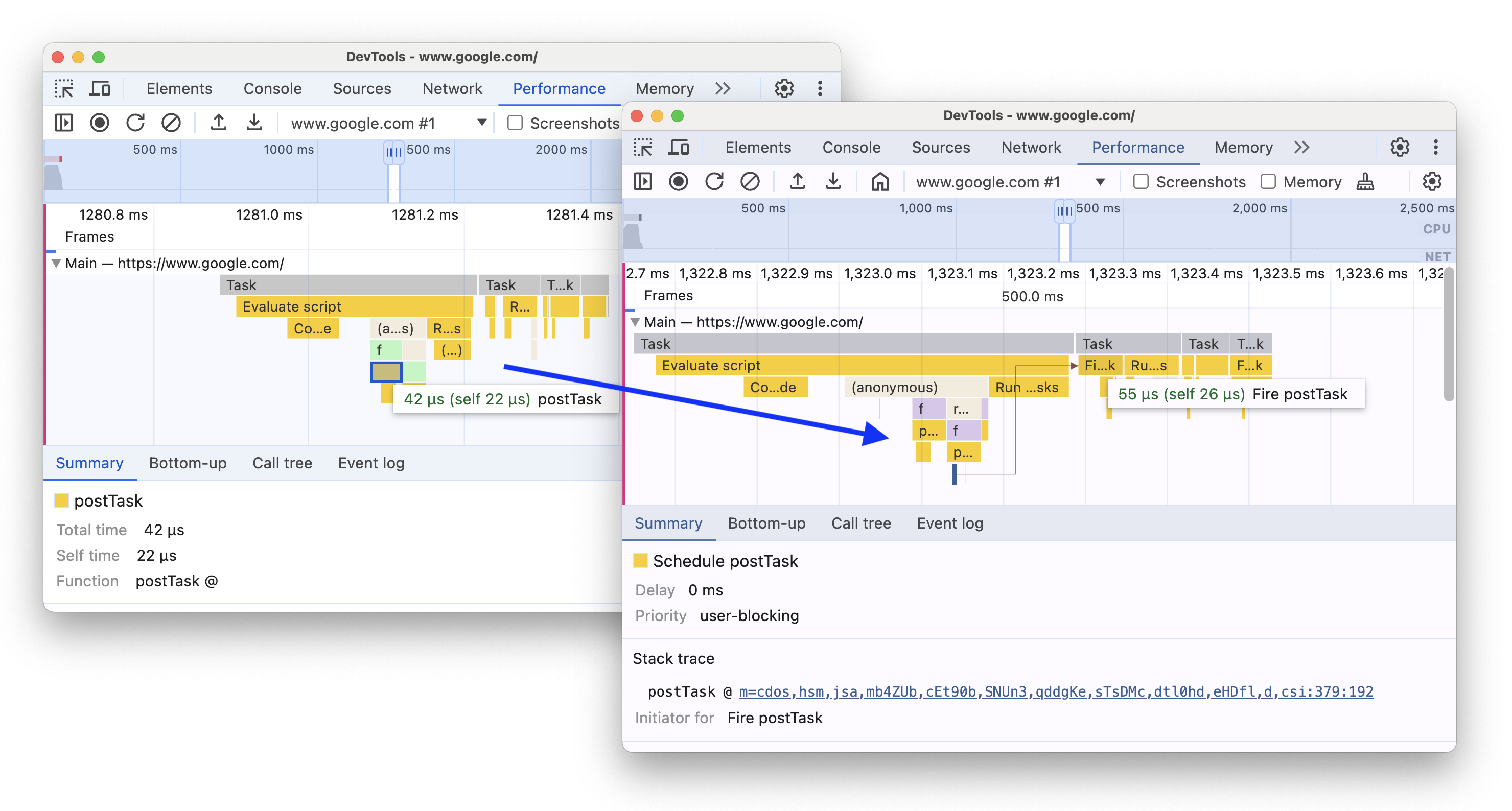 O antes e depois de adicionar suporte para eventos scheduler.postTask e as setas de ativação.