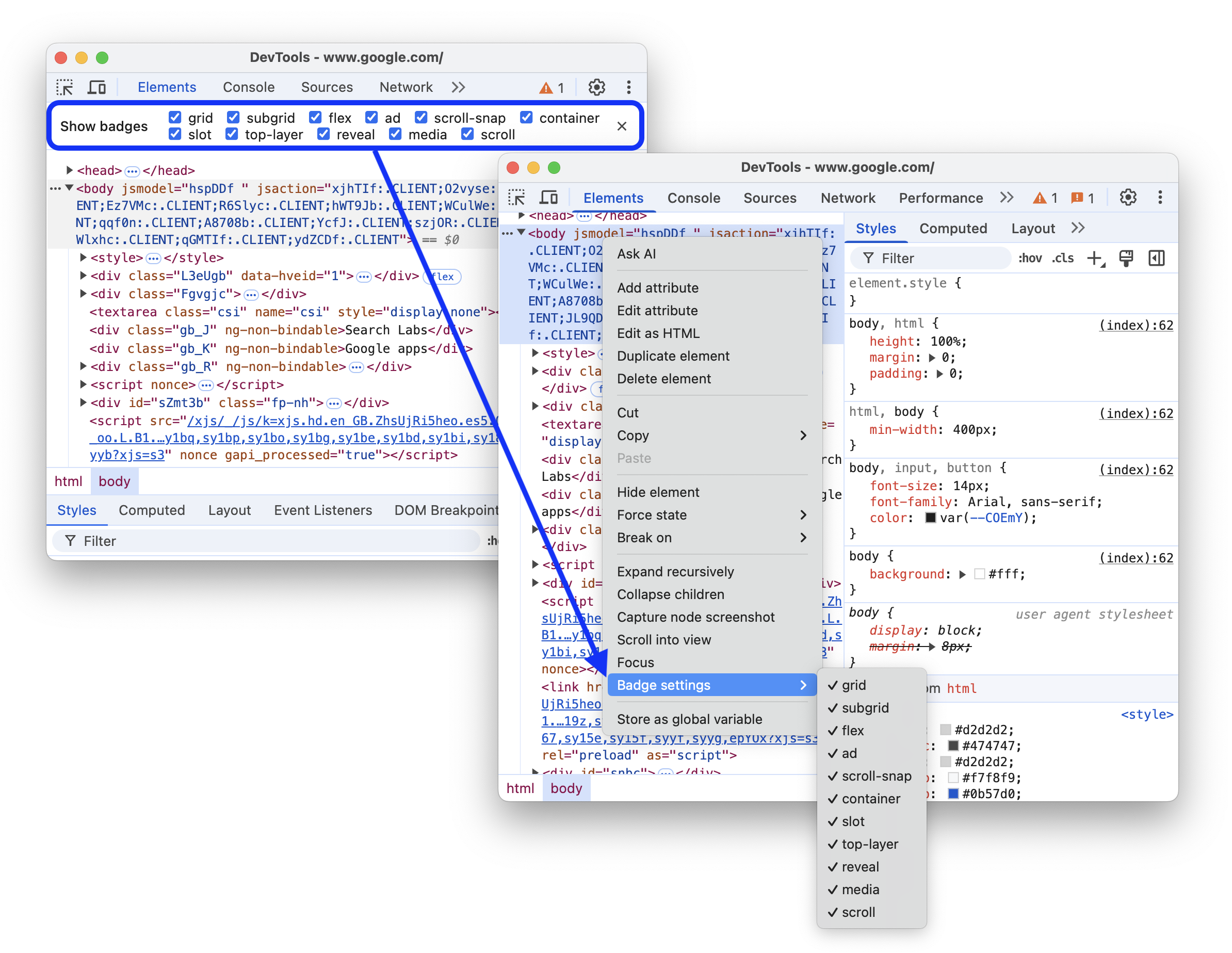 Antes e depois de mover as configurações do selo para o menu.