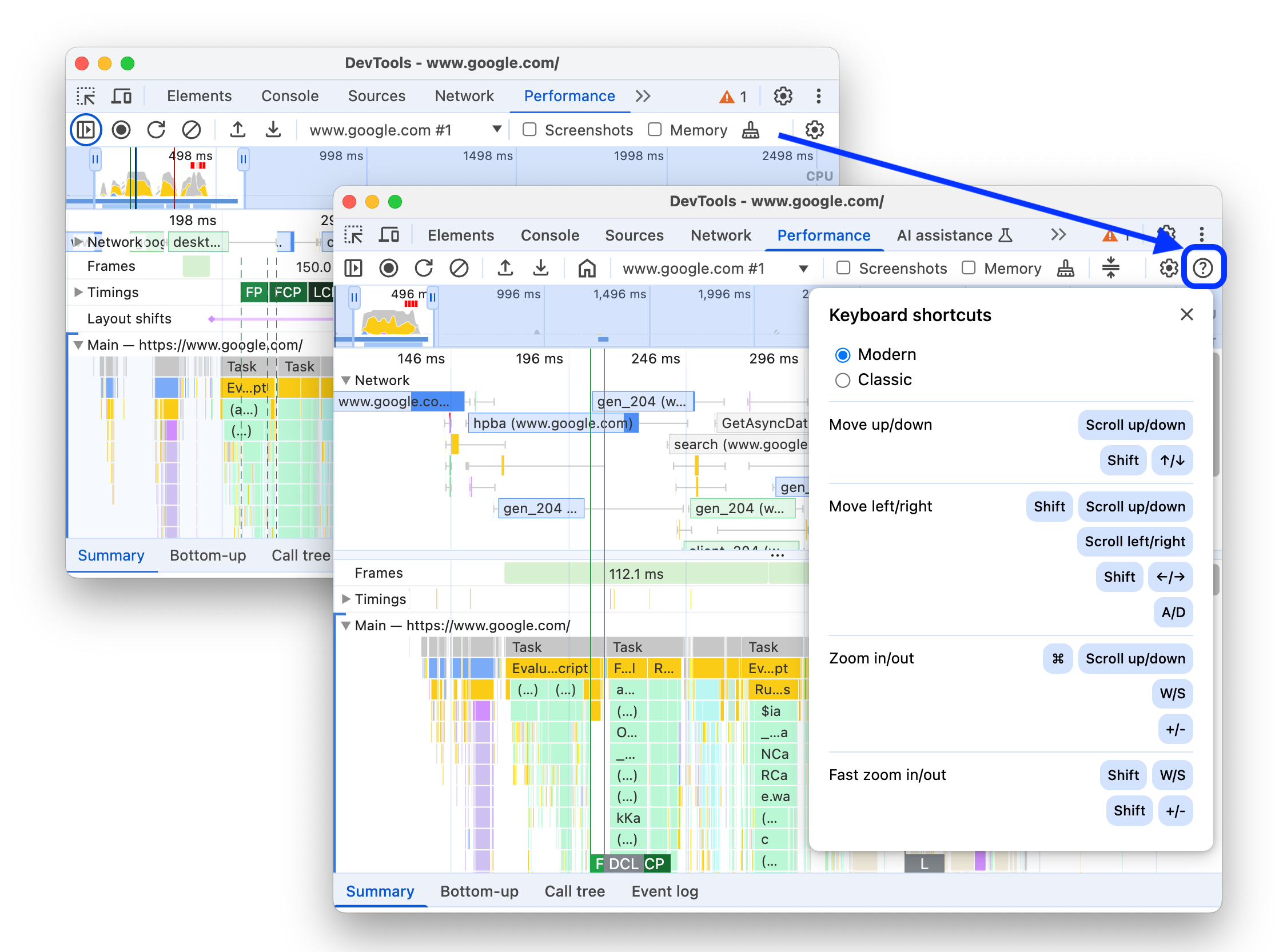 The shortcuts dialog with the available shortcuts for the Performance panel.