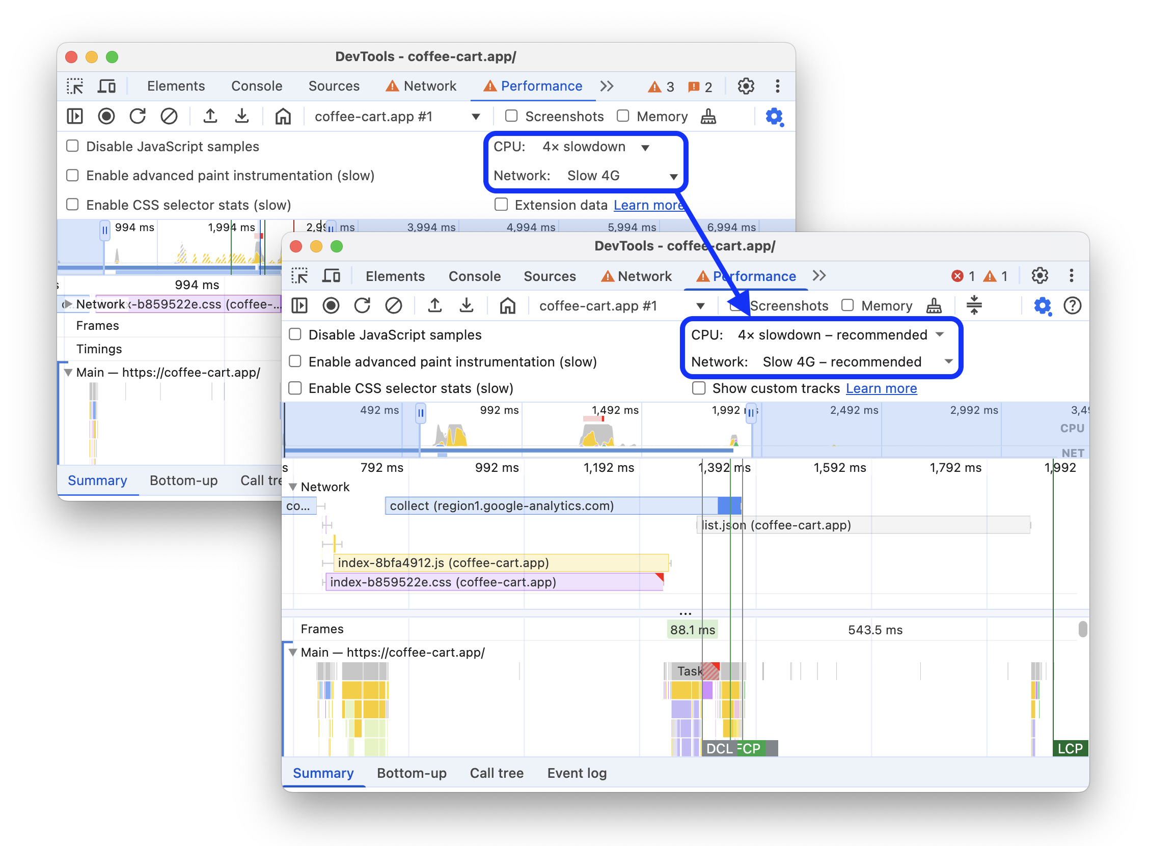 Antes e depois de adicionar recomendações de limitação aos menus de configurações.