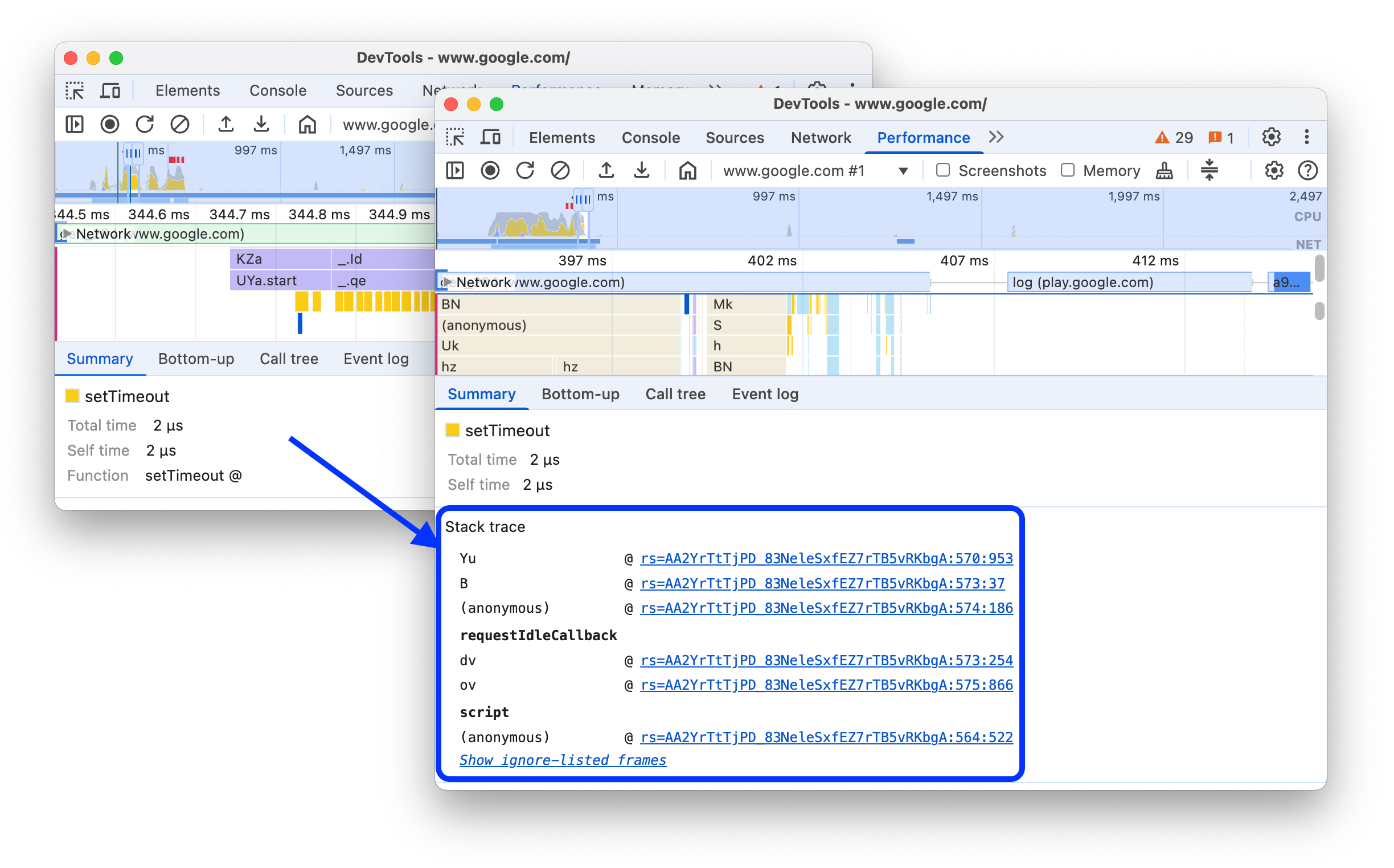 قبل و بعد از افزودن stack traces به برگه Summary.