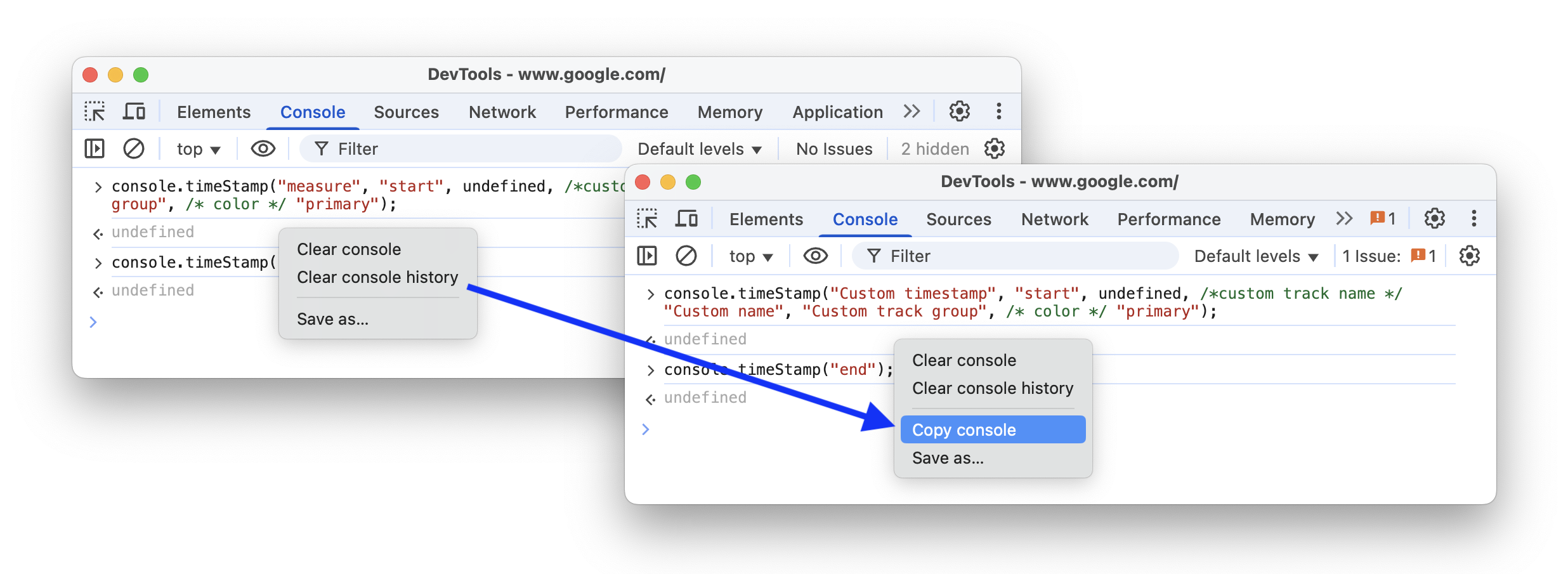 Before and after adding the 'Copy console' option.